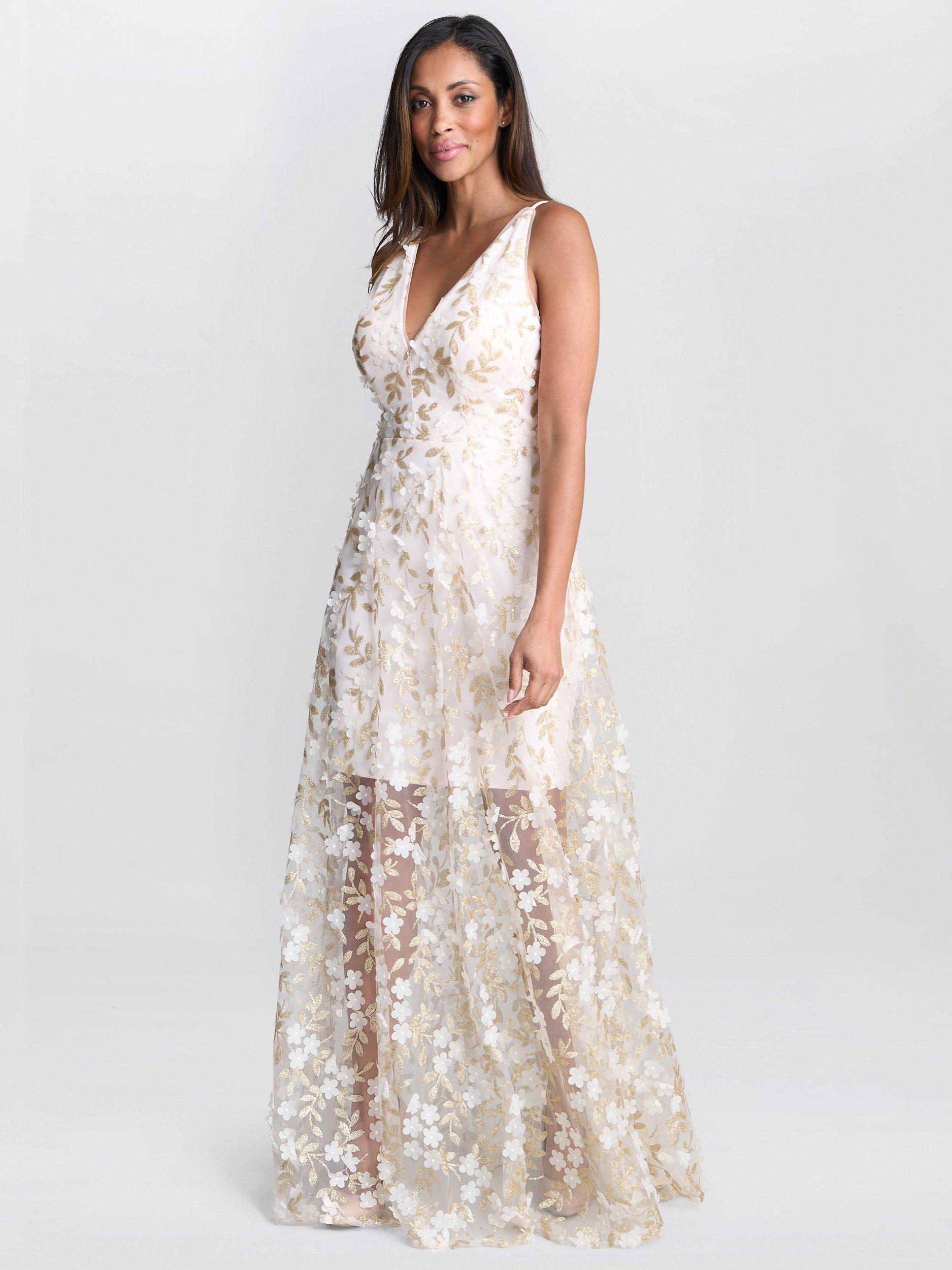 Product image 3 of 6, which shows Gina Bacconi Zafira V-Neck Embroidered Maxi Dress, Champagne, 8