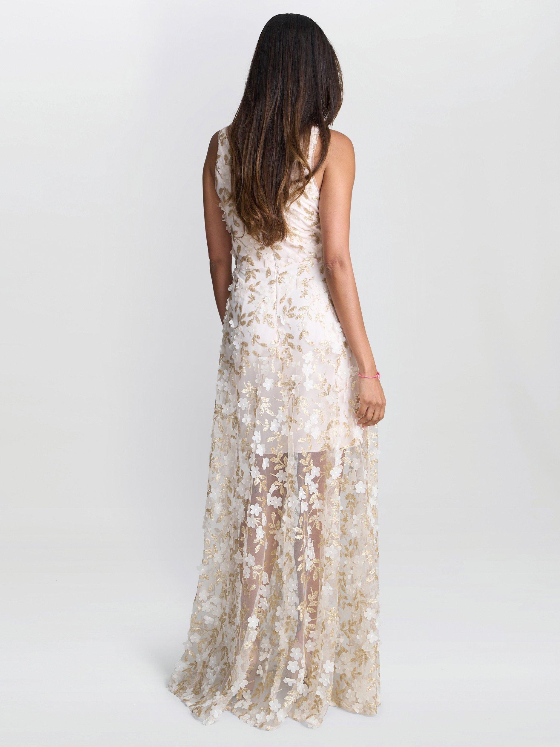 Product image 6 of 6, which shows Gina Bacconi Zafira V-Neck Embroidered Maxi Dress, Champagne, 8