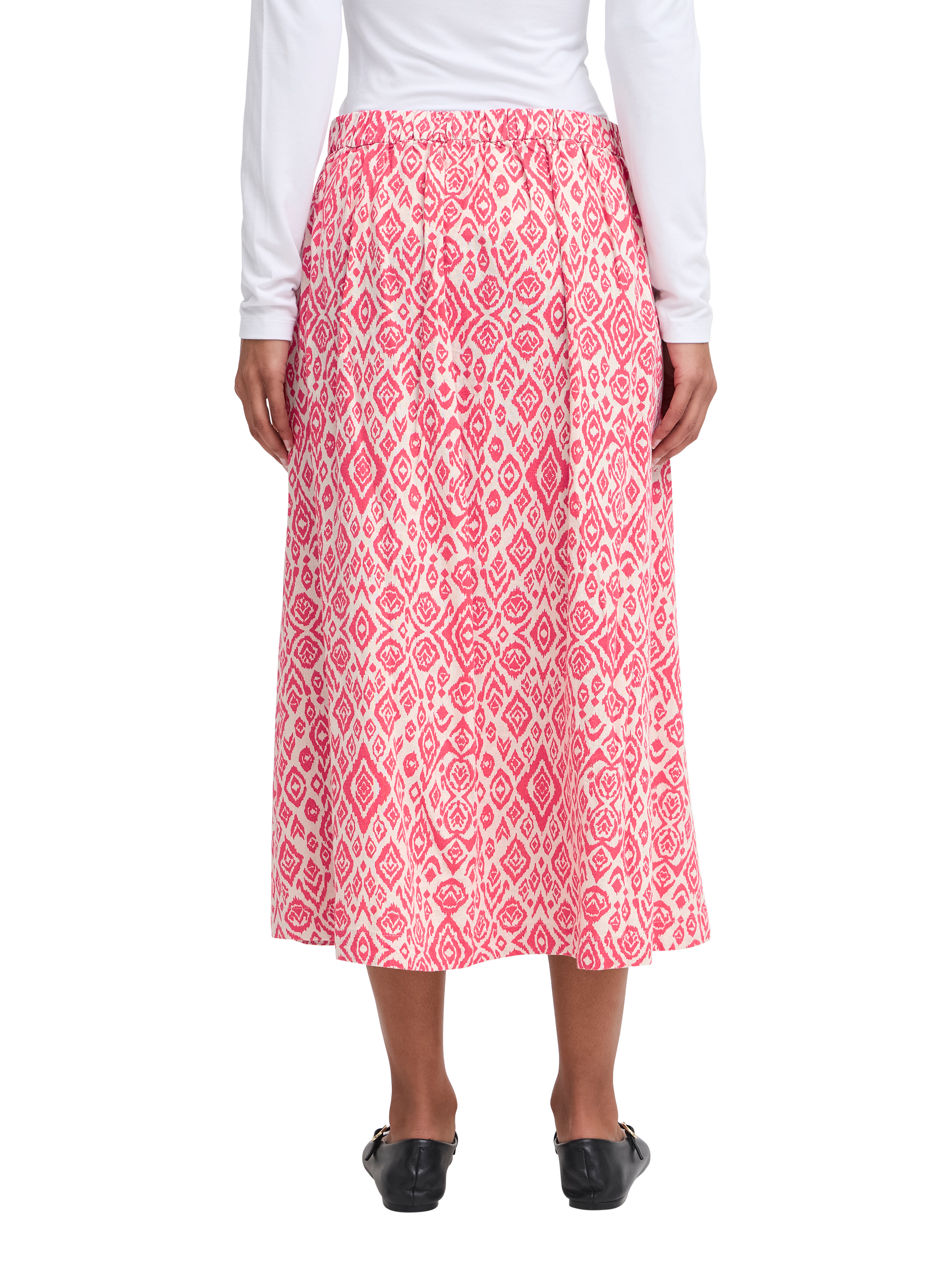 Product image 2 of 6, which shows ICHI Linno Linen Blend Diamond Ikat Midi Skirt, Geranium/Multi, 12