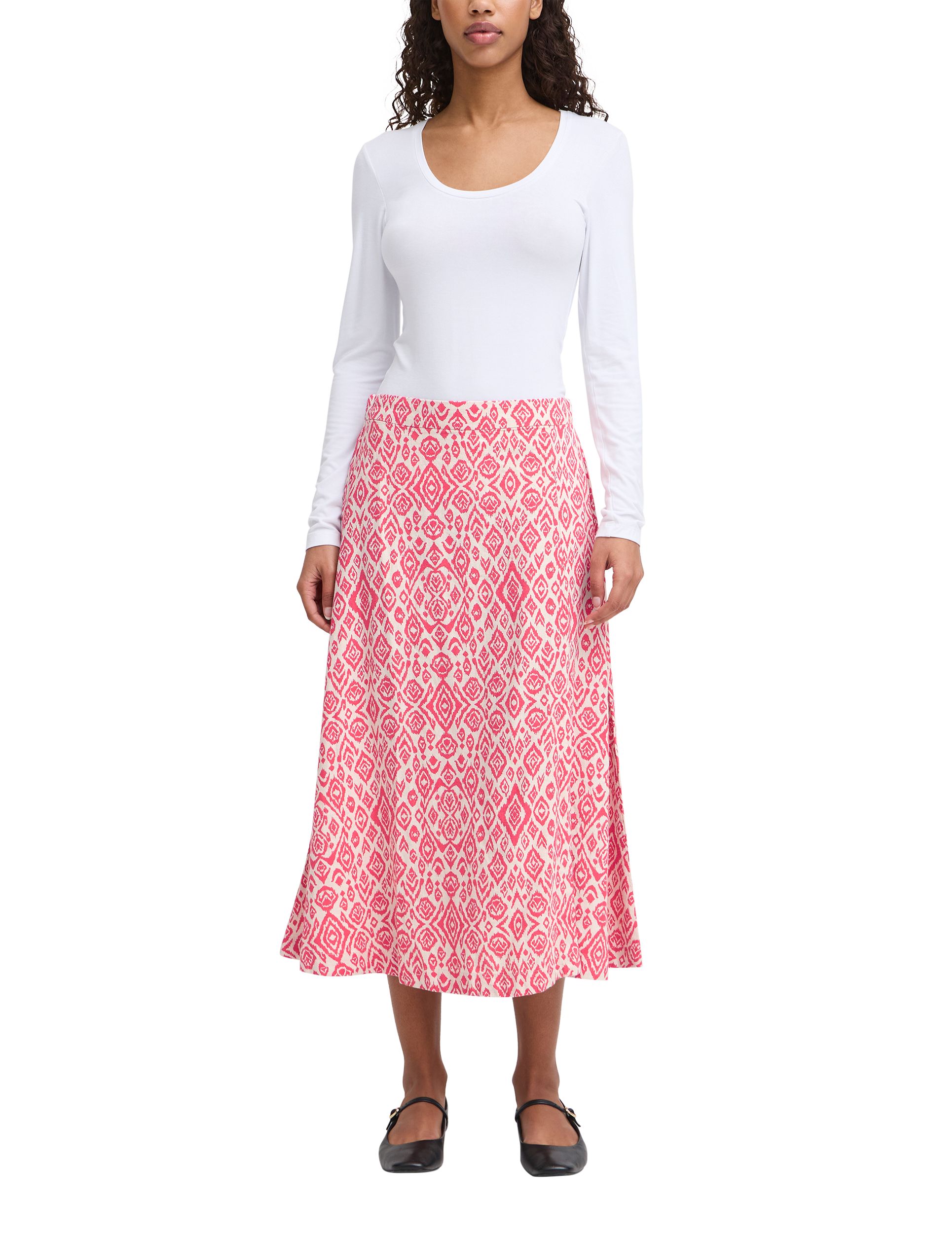 Product image 3 of 6, which shows ICHI Linno Linen Blend Diamond Ikat Midi Skirt, Geranium/Multi, 12