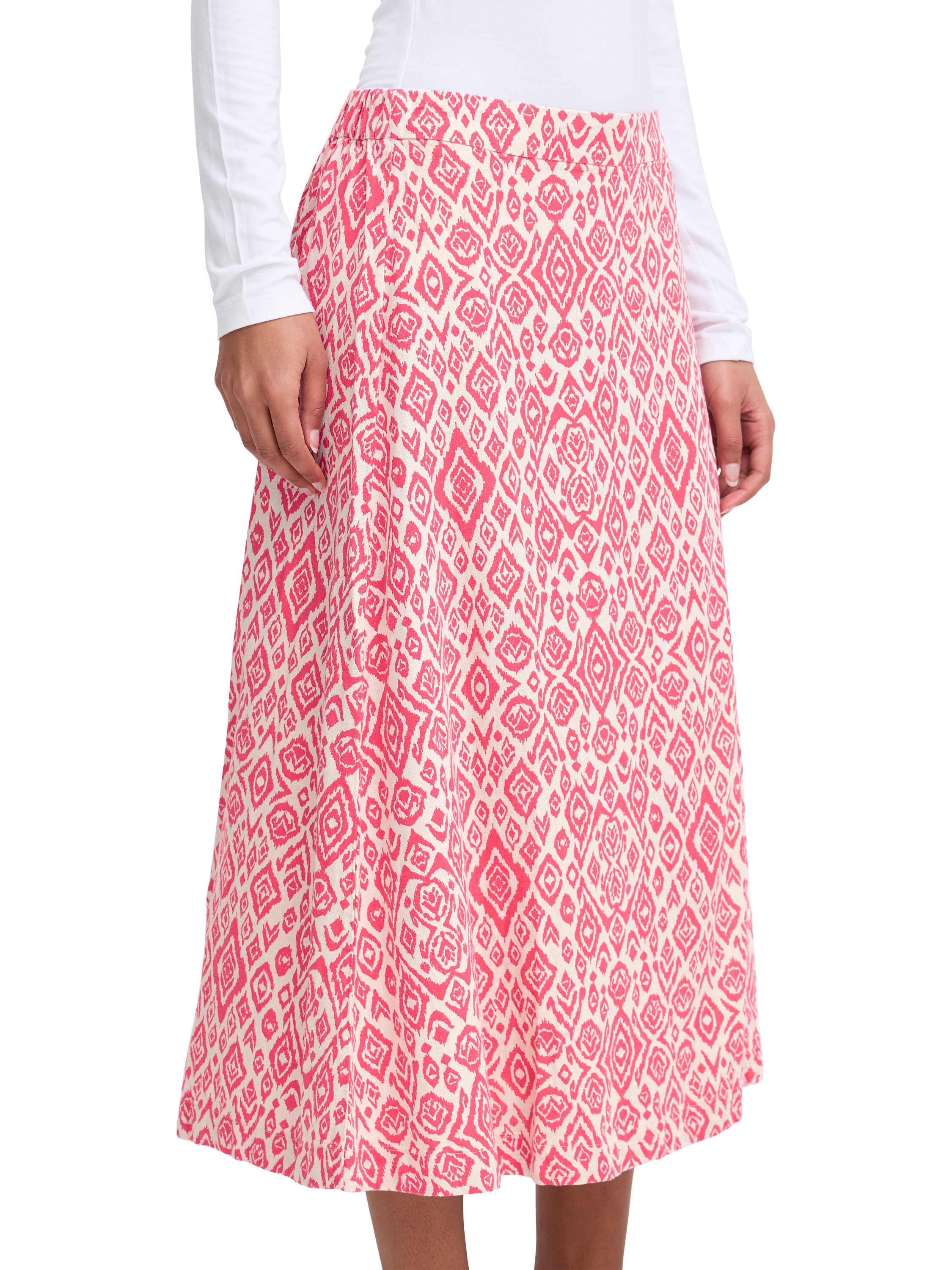 Product image 4 of 6, which shows ICHI Linno Linen Blend Diamond Ikat Midi Skirt, Geranium/Multi, 12