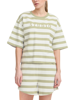 ICHI Ocie Stripe Boxy Fit Short Sleeve Sweatshirt, Green, Green