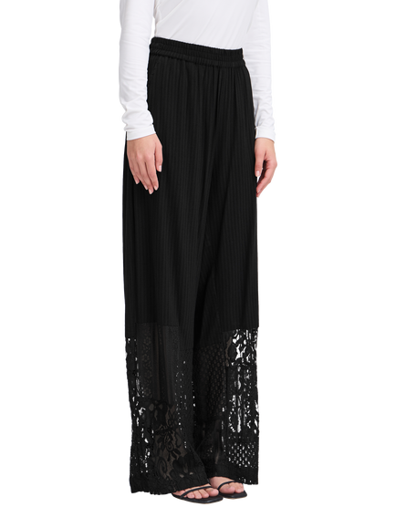ICHI Marila Stripe Lace Hem Wide Leg Trousers, Black, Black