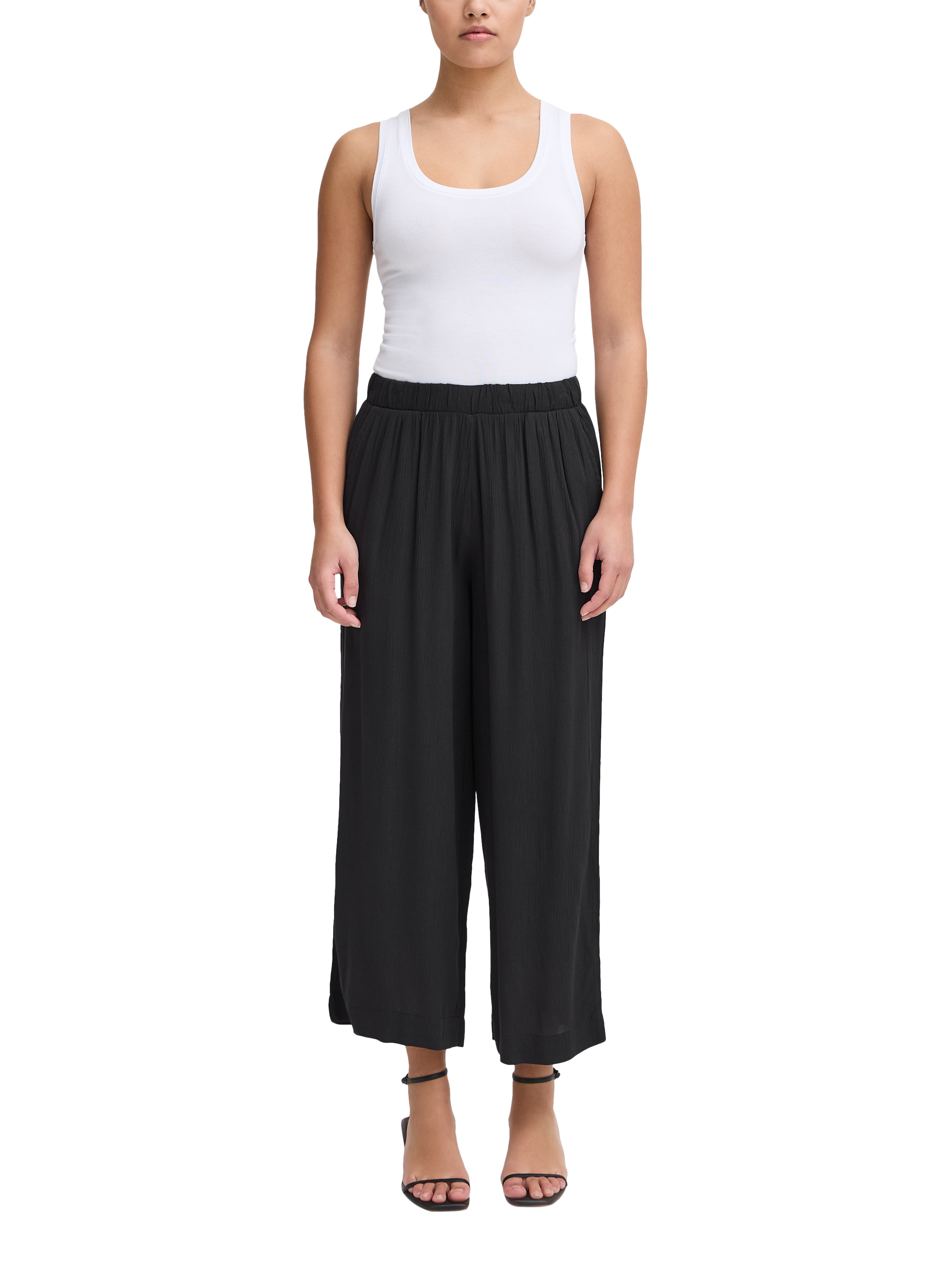 Product image 1 of 7, which shows ICHI Marrakech Wide Leg Cropped Trousers, Black, XS