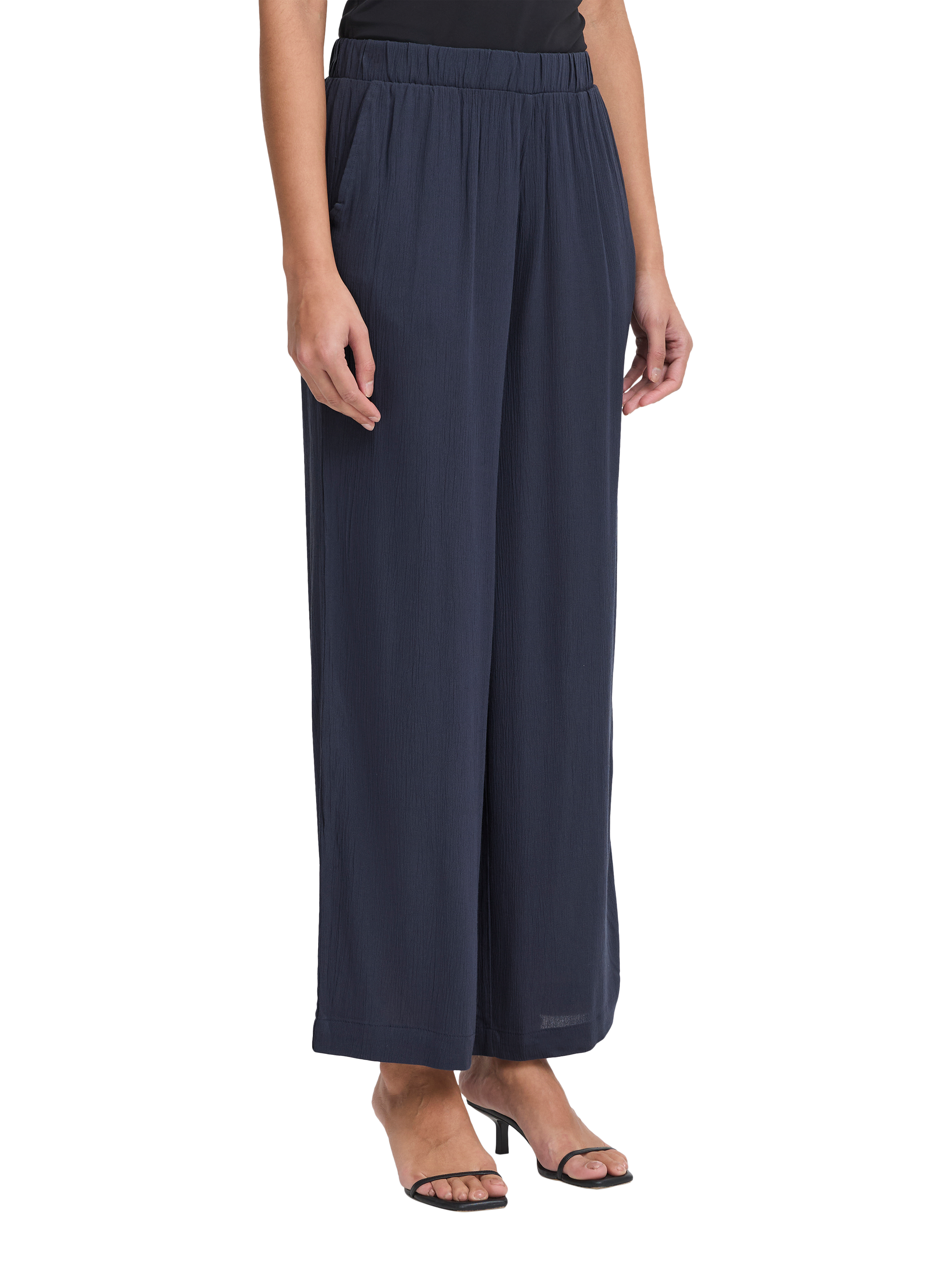 Product image 1 of 6, which shows ICHI Marrakech Wide Leg Cropped Trousers, Navy, XS