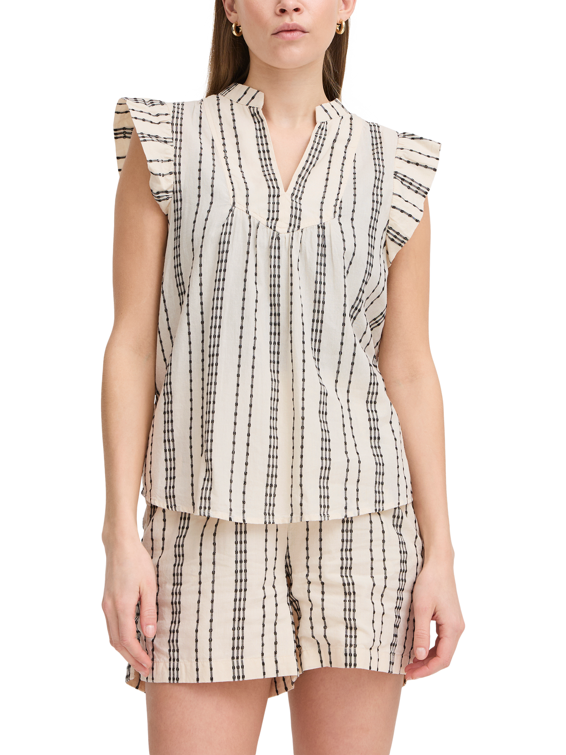 Product image 1 of 7, which shows ICHI Josine Stripe Ruffle Sleeve Top, Birch, 16
