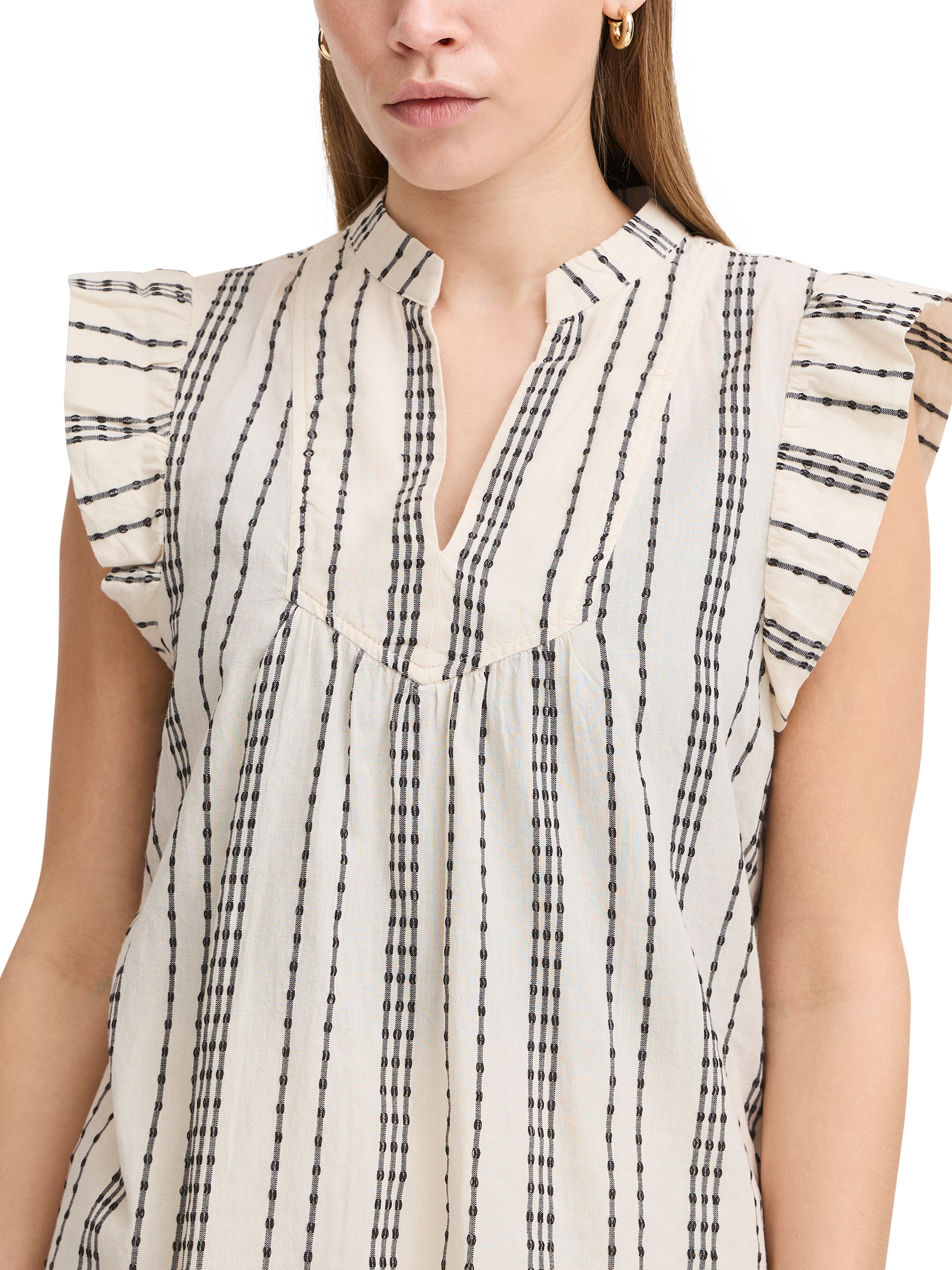 Product image 4 of 7, which shows ICHI Josine Stripe Ruffle Sleeve Top, Birch, 16