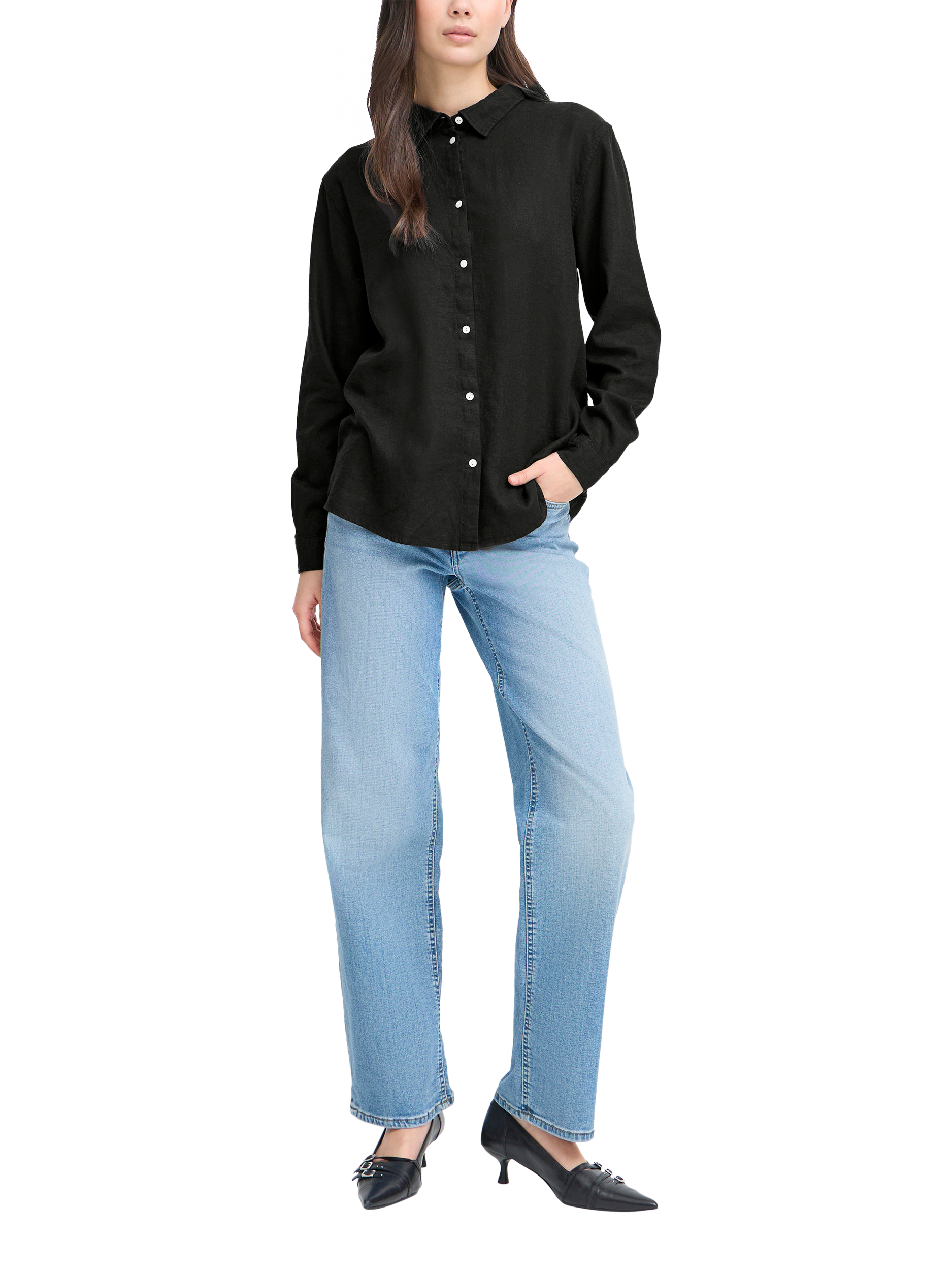 Product image 3 of 3, which shows ICHI Linno Linen Rich Long Sleeve Shirt, Black, 8