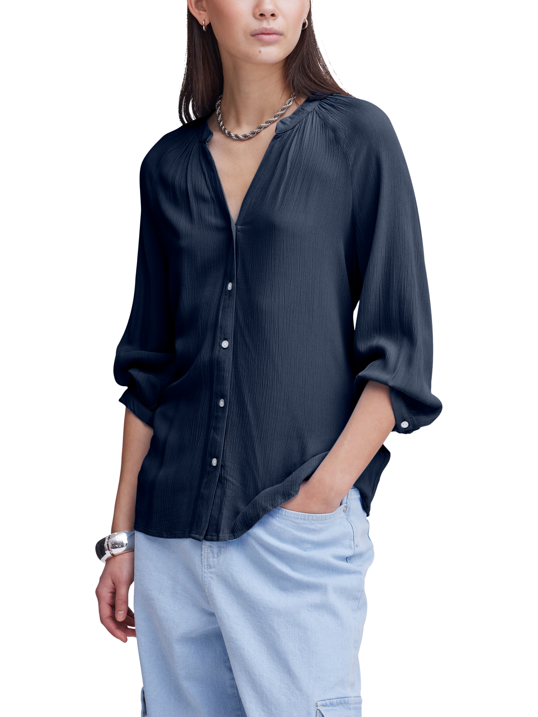Product image 1 of 7, which shows ICHI Marrackech 3/4 Sleeve V-Neck Shirt, Blue, XS