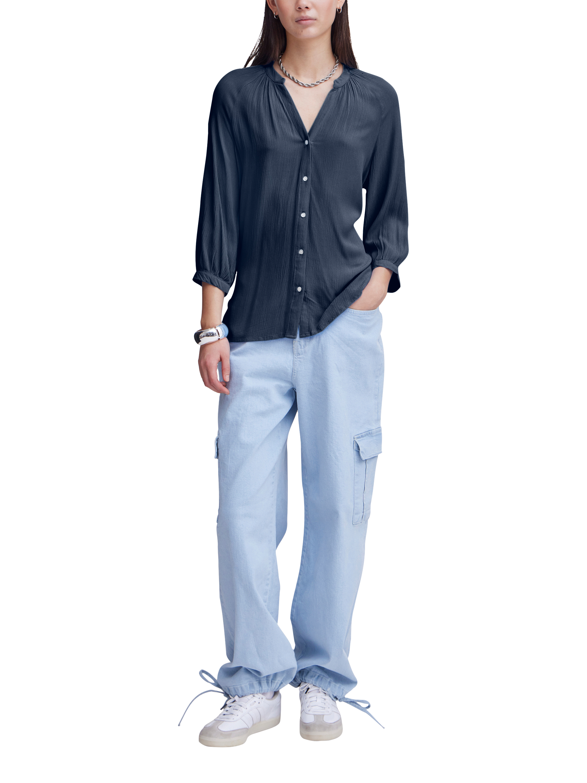 Product image 3 of 7, which shows ICHI Marrackech 3/4 Sleeve V-Neck Shirt, Blue, XS