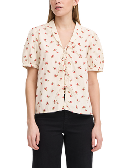 ICHI Rosey Woven Cotton Tie Front Shirt, Geranium, Geranium