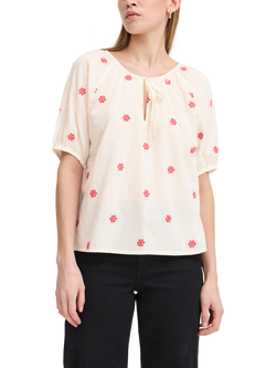 ICHI Vinna Embroidered Cotton Tie Neck Blouse, White, White