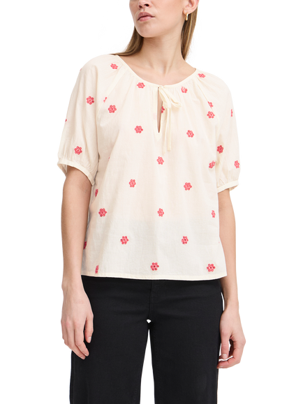 ICHI Vinna Embroidered Cotton Tie Neck Blouse, White, White