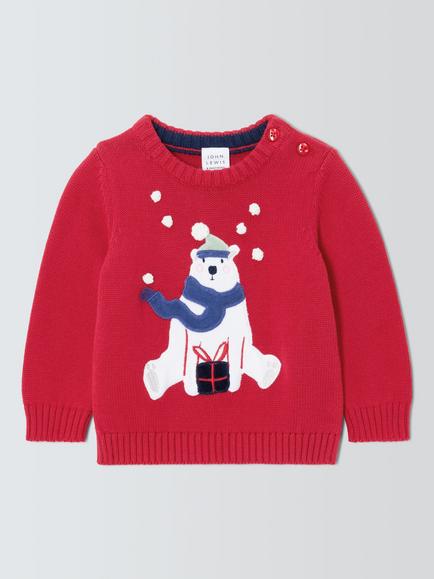 John Lewis Baby Polar Bear Jumper, Red, Red