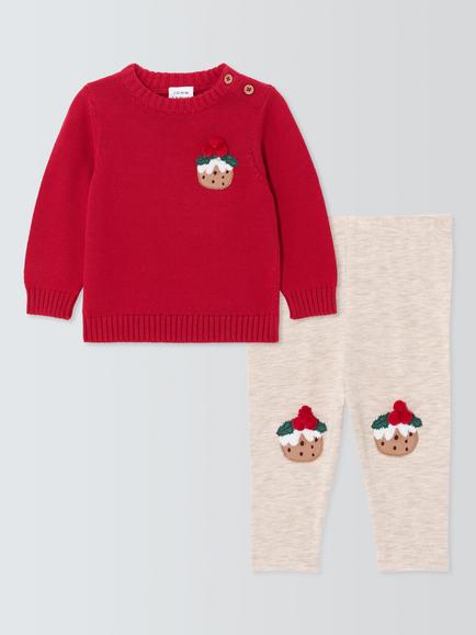 John Lewis Baby Christmas Pudding Jumper & Leggings Set, Red, Red