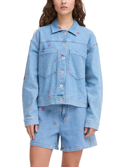 ICHI Jaella Embroidered Denim Jacket, Light Blue Washed, Light Blue Washed