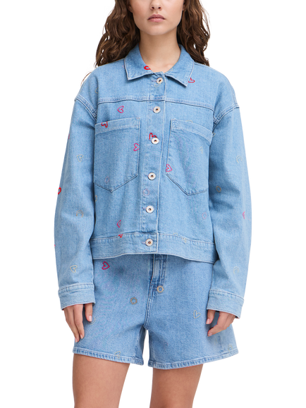 ICHI Jaella Embroidered Denim Jacket, Light Blue Washed, Light Blue Washed