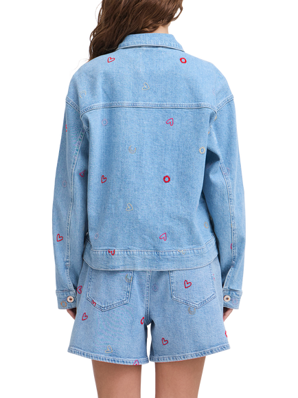 ICHI Jaella Embroidered Denim Jacket, Light Blue Washed - view 2, Light Blue Washed