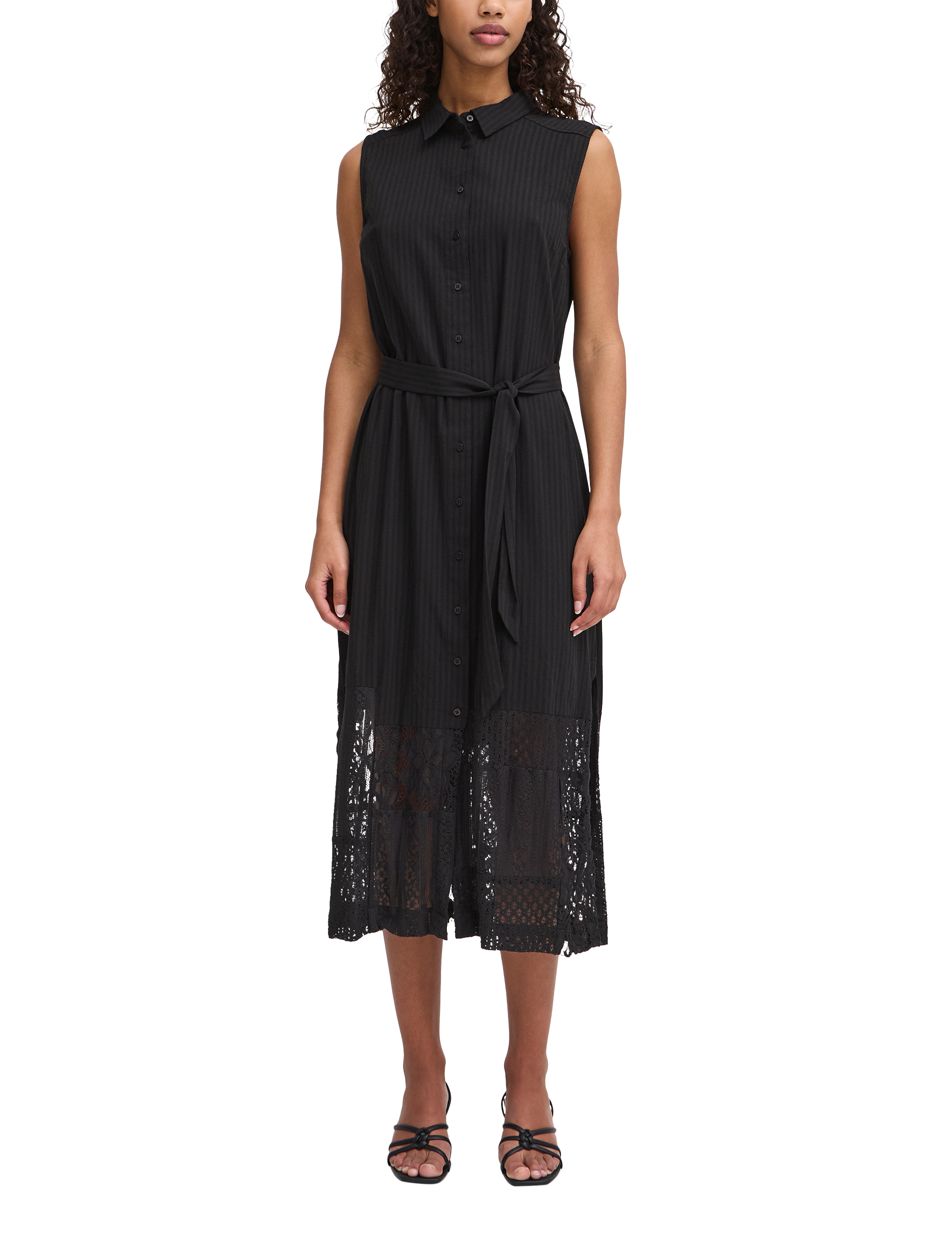 Product image 3 of 7, which shows ICHI Marila Stripe Sleeveless Midi Shirt Dress, Black, 8