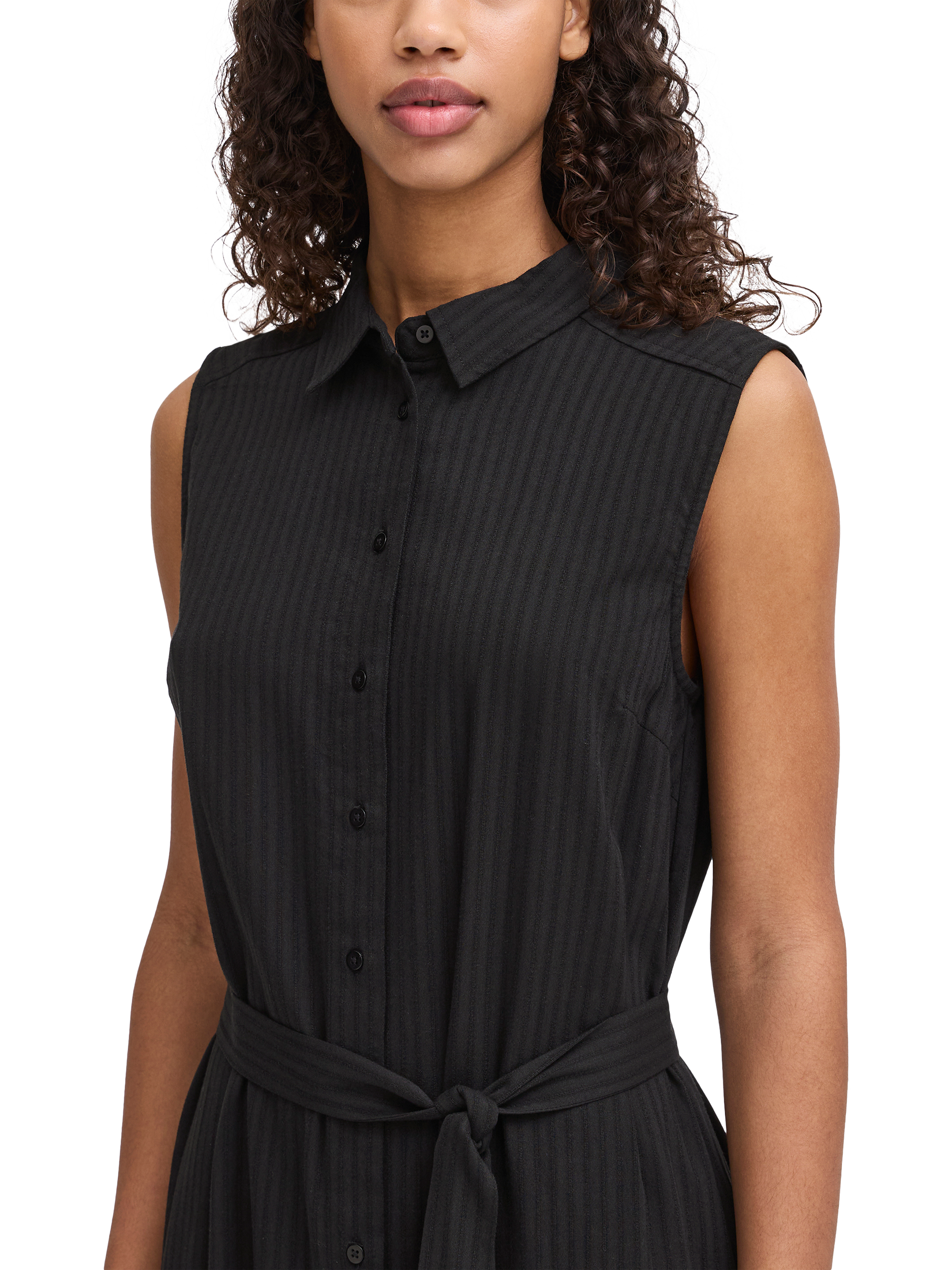 Product image 4 of 7, which shows ICHI Marila Stripe Sleeveless Midi Shirt Dress, Black, 8