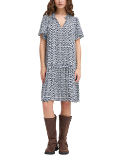 ICHI Marrakech Ikat Tile Print Smock Knee Length Dress, Total Eclipse/Multi, Total Eclipse/Multi