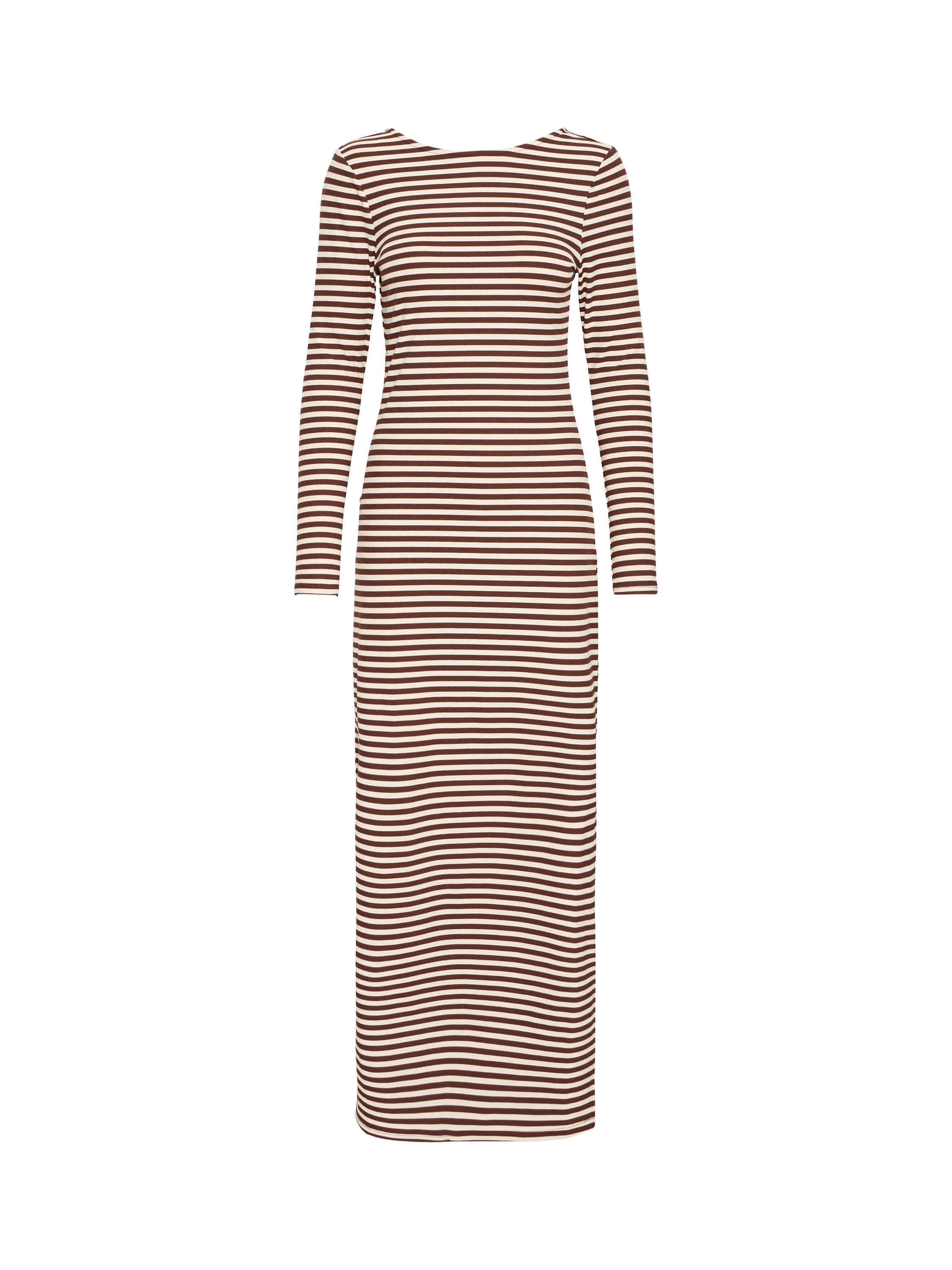 Product image 1 of 3, which shows ICHI Carla Stripe Fitted Maxi Dress, Chocolate Brown/Cream, XS