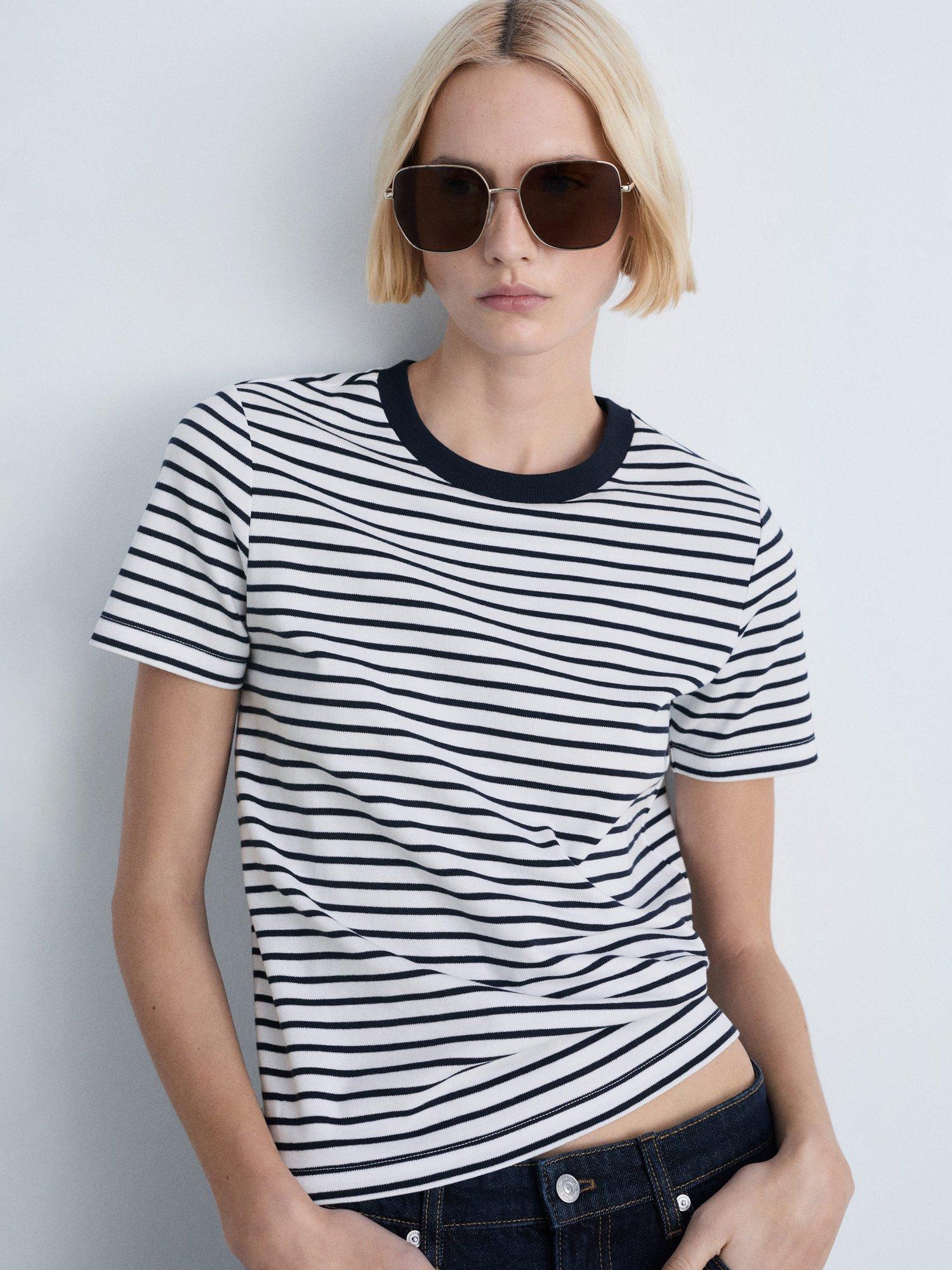 Mango Rita Cotton Crew Neck Striped T-Shirt, Blue/Multi