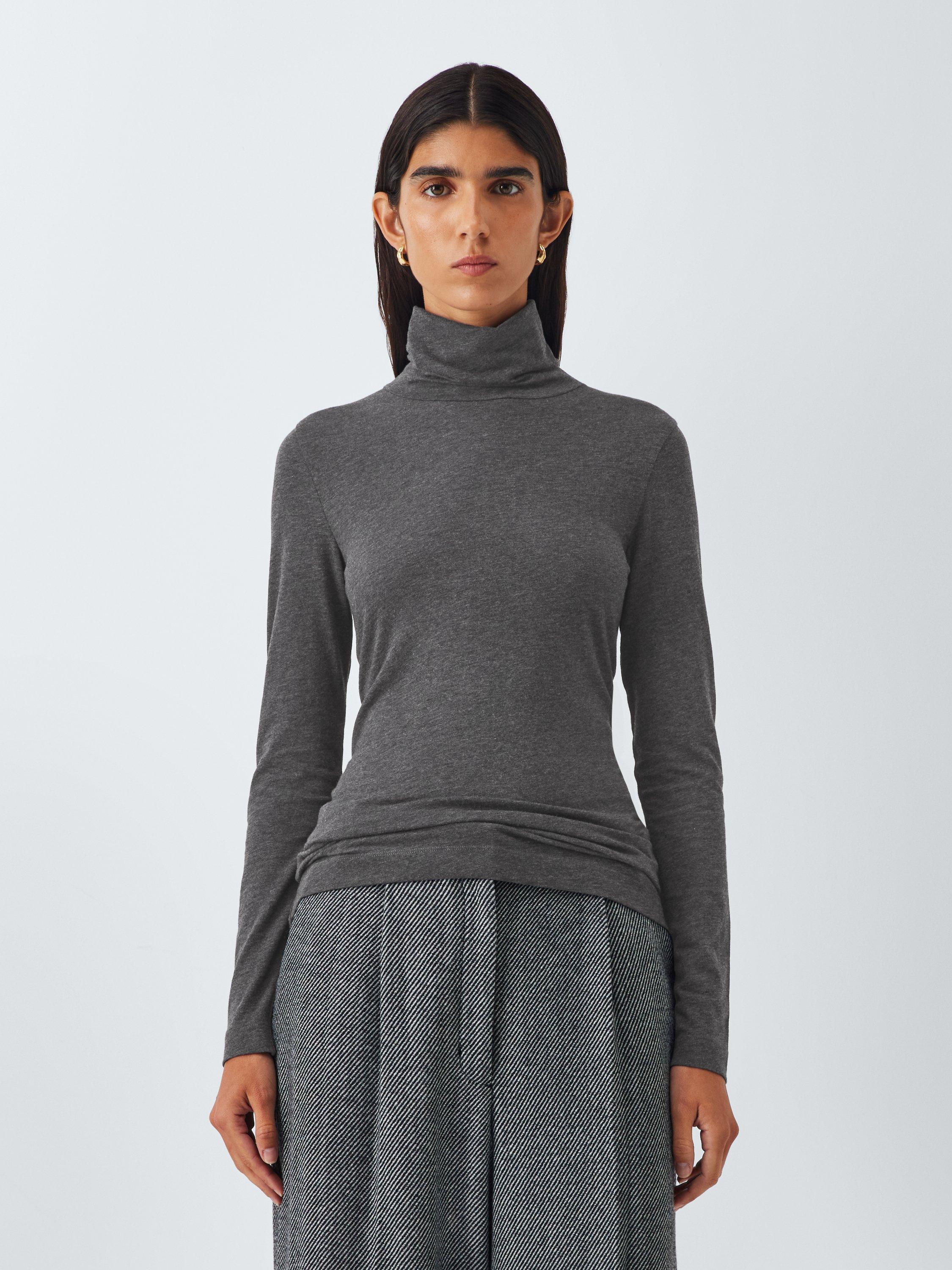 John Lewis Cotton Roll Neck Top with Wool, Grey