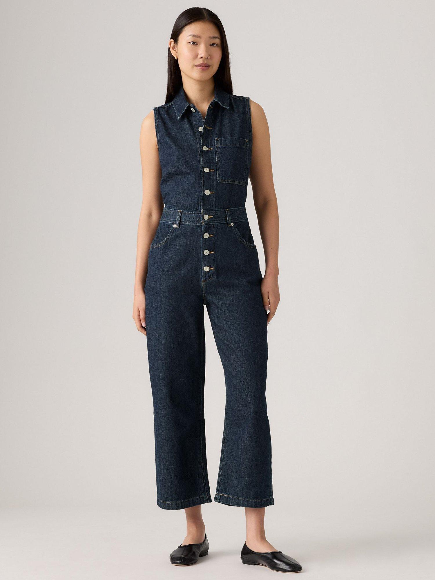 Product image 1 of 4, which shows Levi's Sleeveless Cropped Cotton Denim Jumpsuit, Reign Of The Rinse, XS