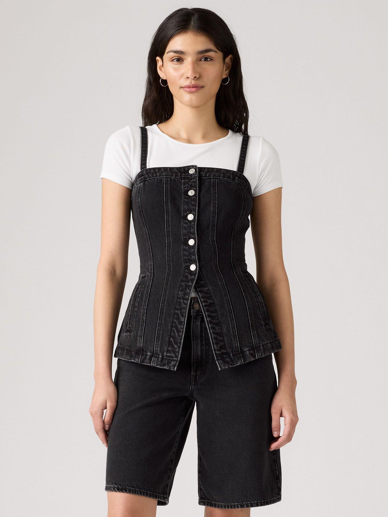 Product image 1 of 3, which shows Levi's Tailored Cotton Denim Bustier Vest Top, Black, XS