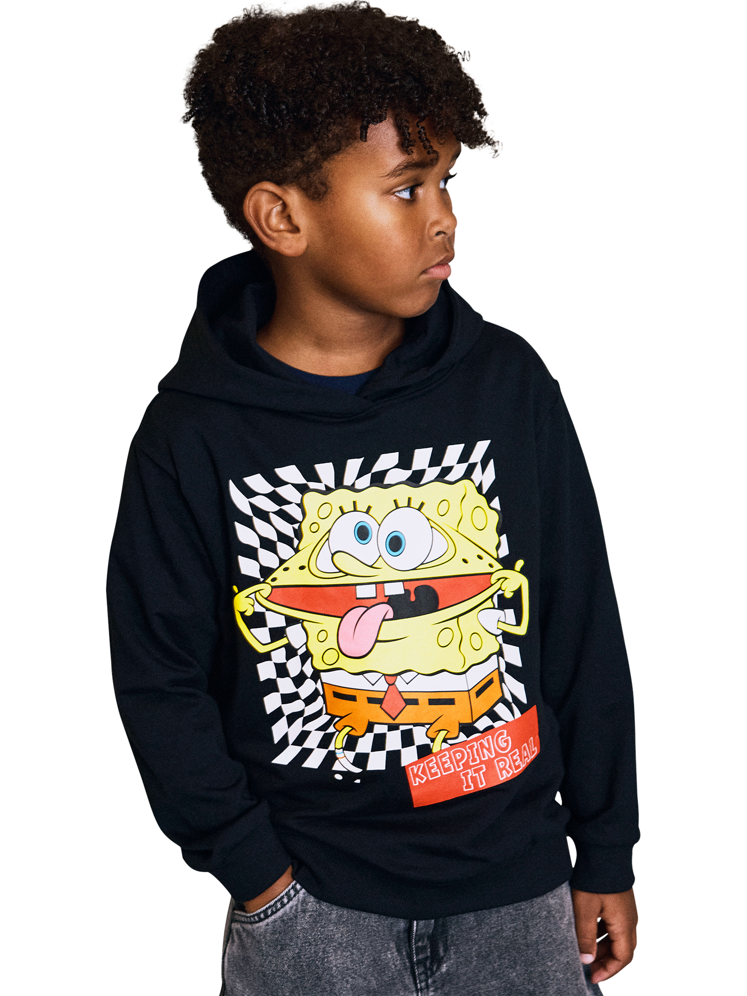 Product image 1 of 4, which shows NAME IT Kids' Cotton Blend SpongeBob SquarePants Hooded Sweatshirt, Black, 6 years