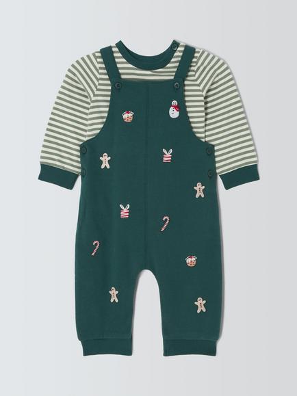 John Lewis Baby Embroidered Christmas Dungarees & Sweater Set, Green, Green