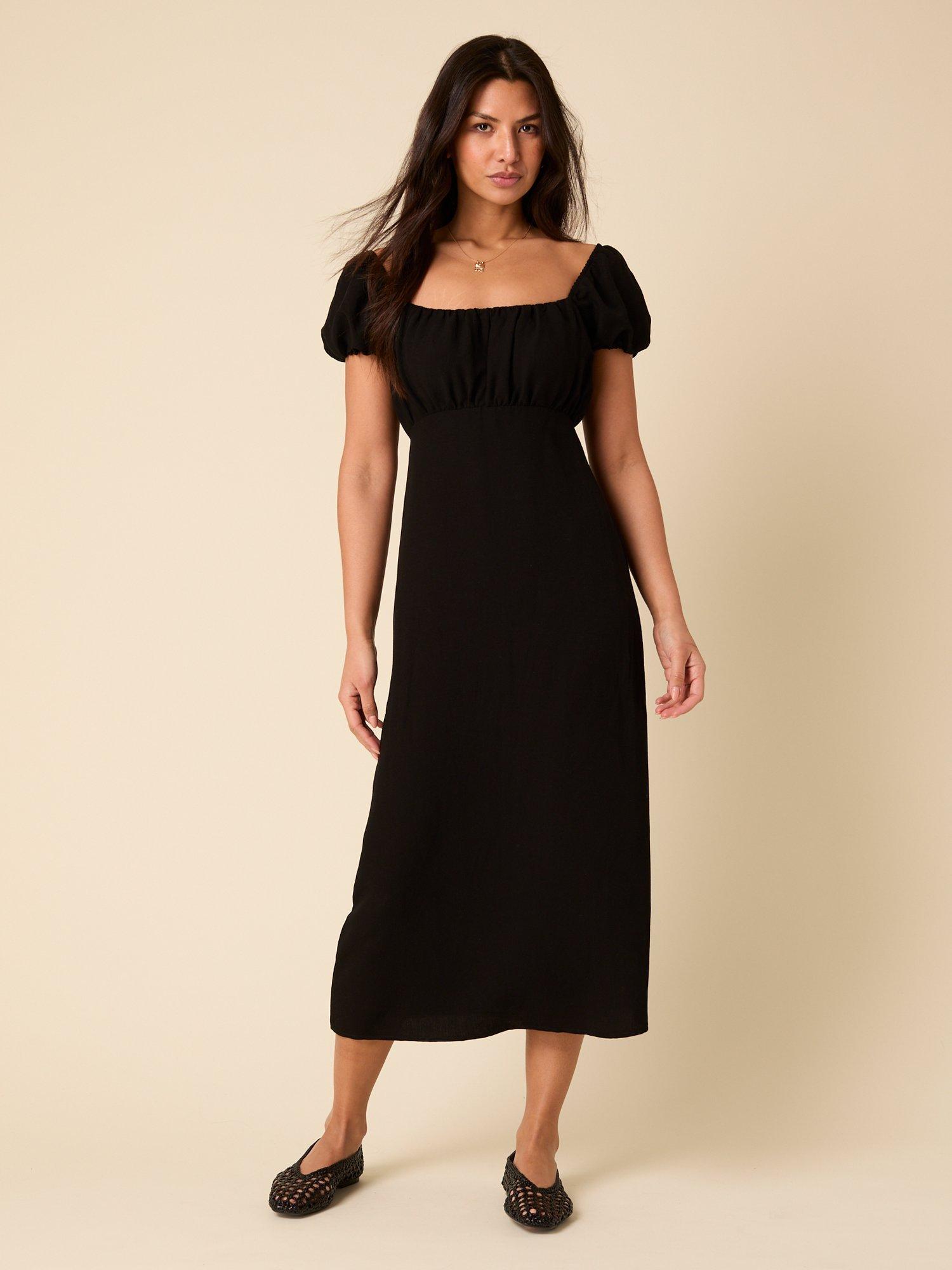 Product image 1 of 4, which shows Nobody's Child Raven Cap Sleeve Linen Blend Midi Dress, Black, 6