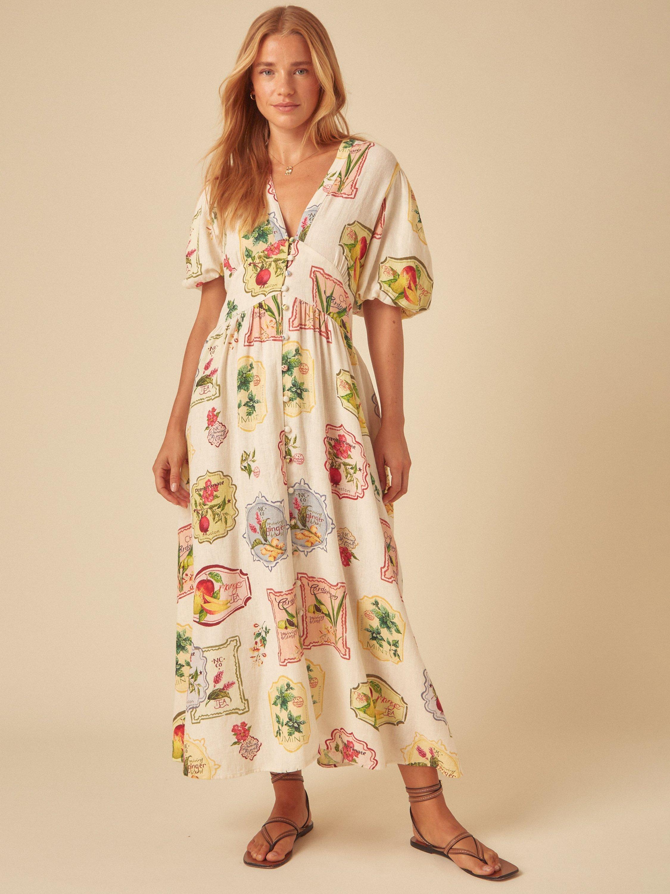 Product image 1 of 4, which shows Nobody's Child Starlight Vintage Print Linen Rich Dress, Retro Fruit, 6