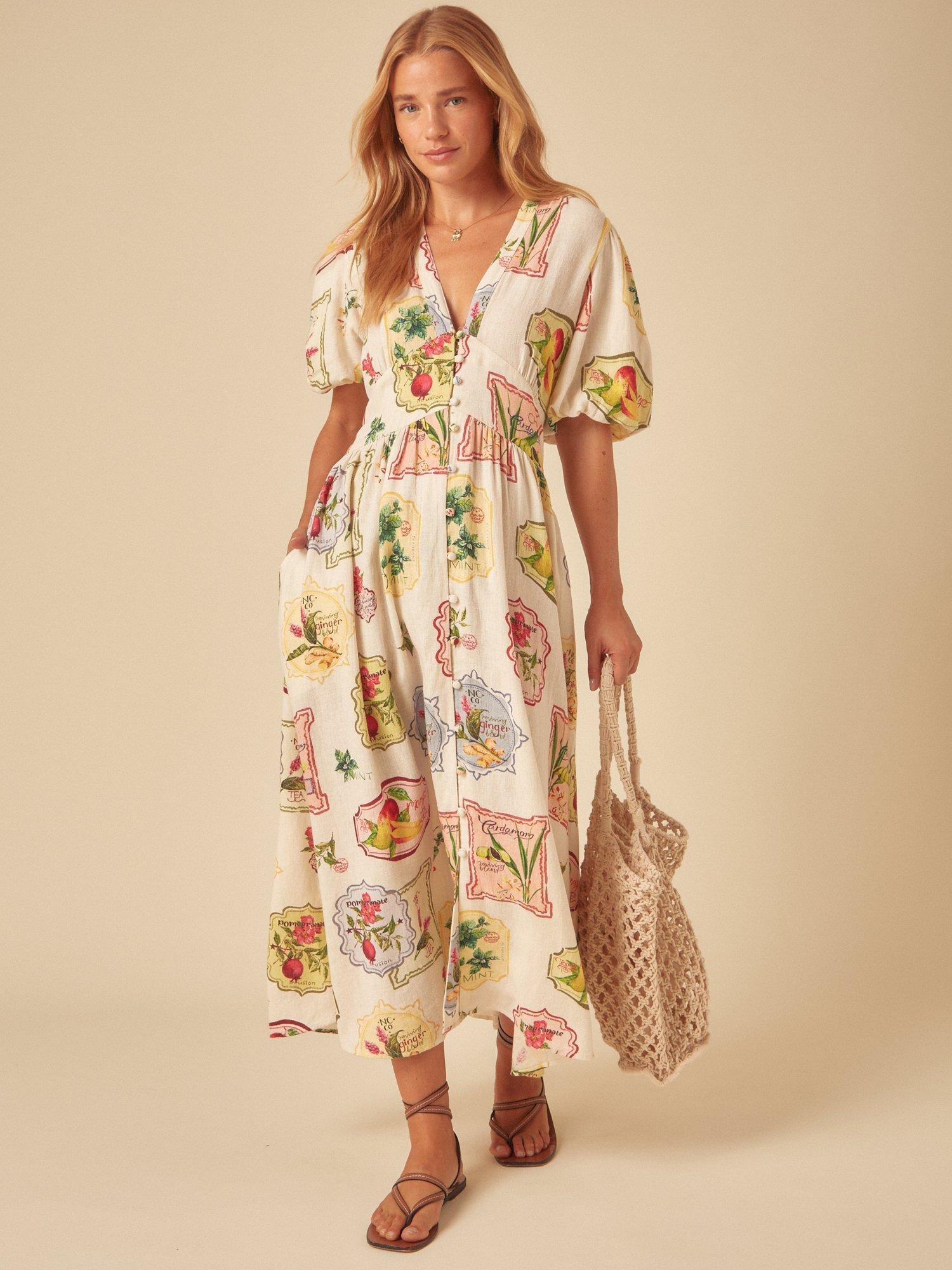 Product image 2 of 4, which shows Nobody's Child Starlight Vintage Print Linen Rich Dress, Retro Fruit, 6