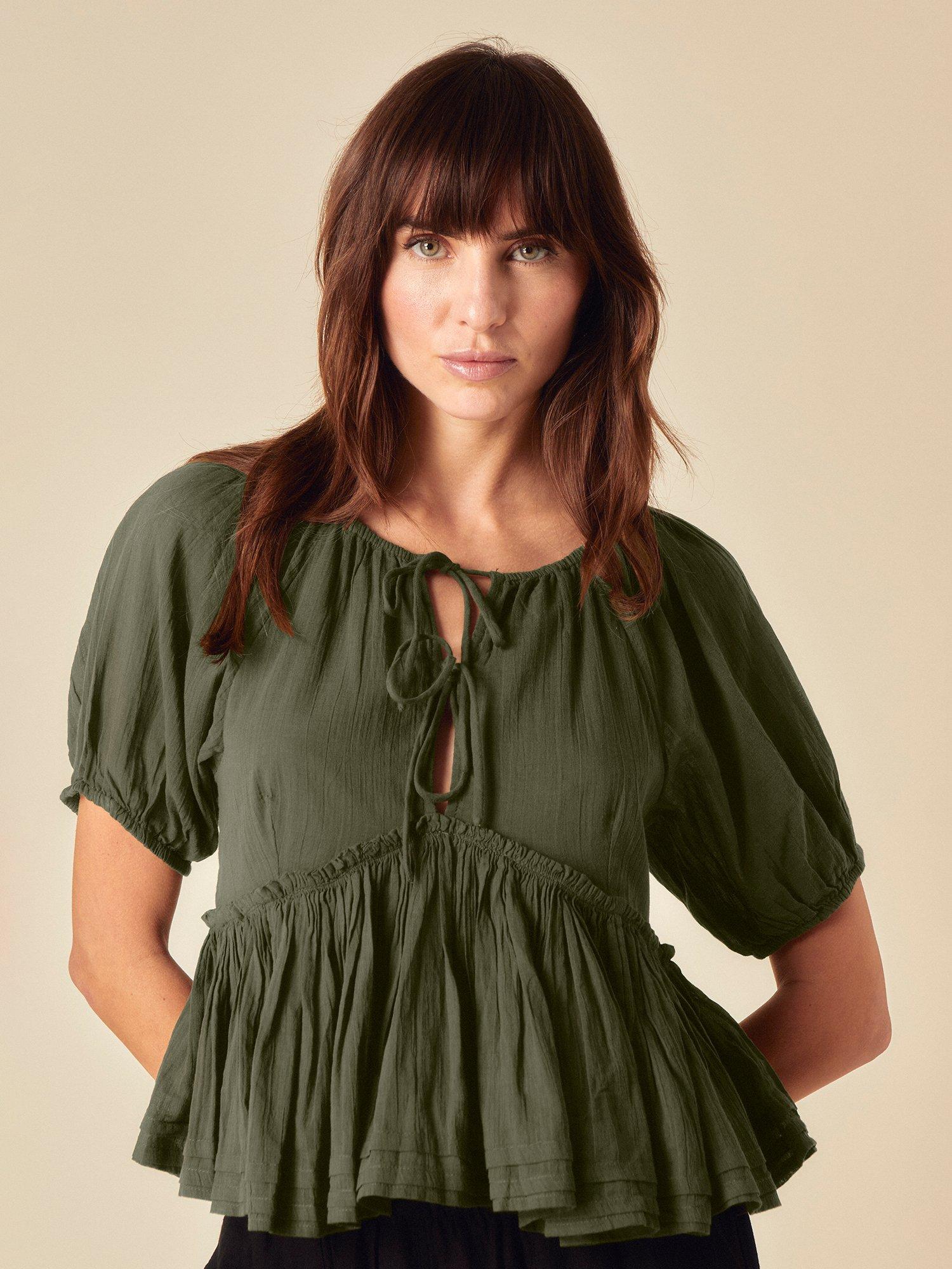 Product image 1 of 5, which shows Nobody's Child Martha Short Sleeve Tie Neck Cotton Top, Khaki, 6
