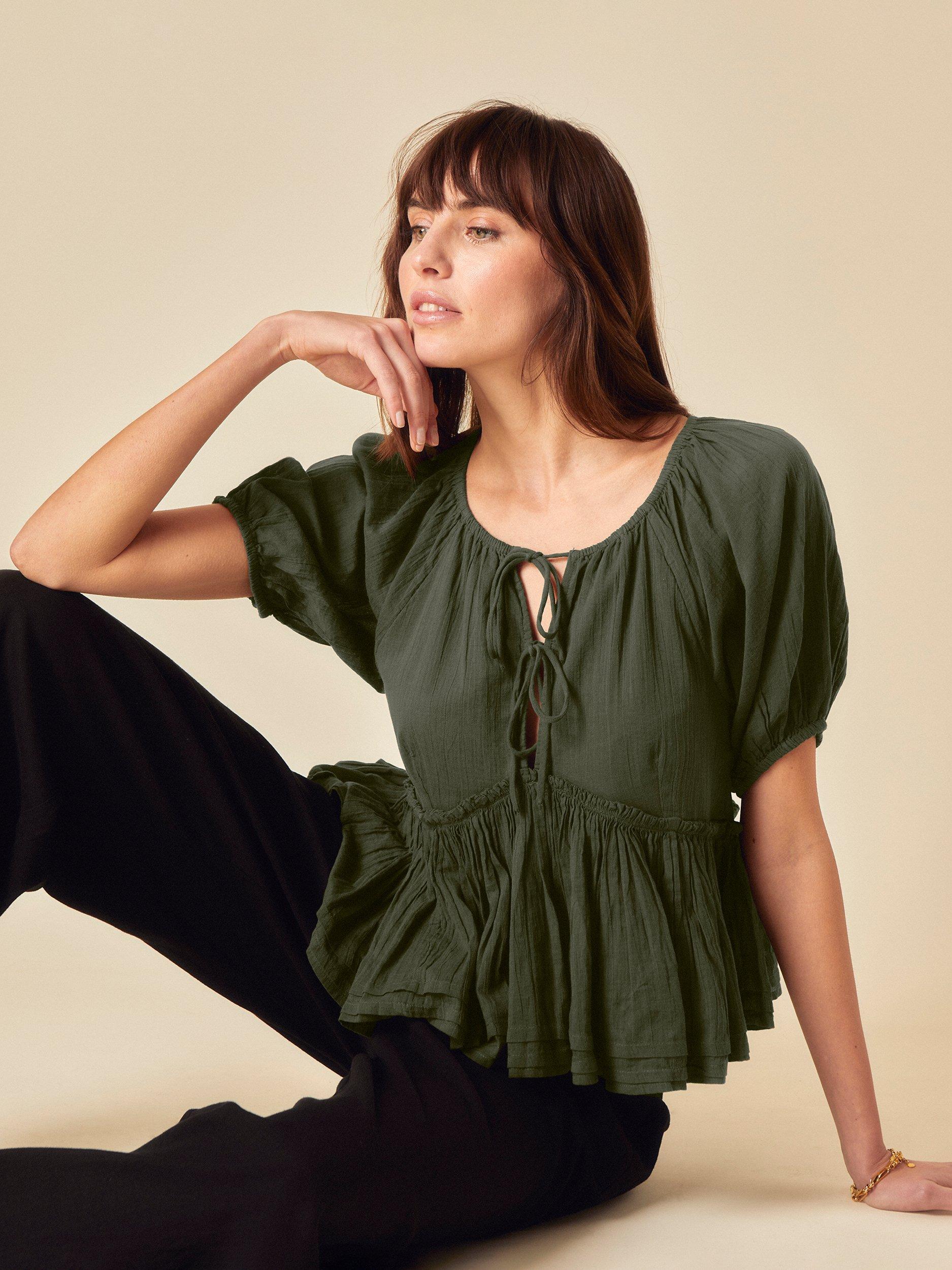 Product image 2 of 5, which shows Nobody's Child Martha Short Sleeve Tie Neck Cotton Top, Khaki, 6