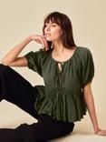 Nobody's Child Martha Short Sleeve Tie Neck Cotton Top, Khaki