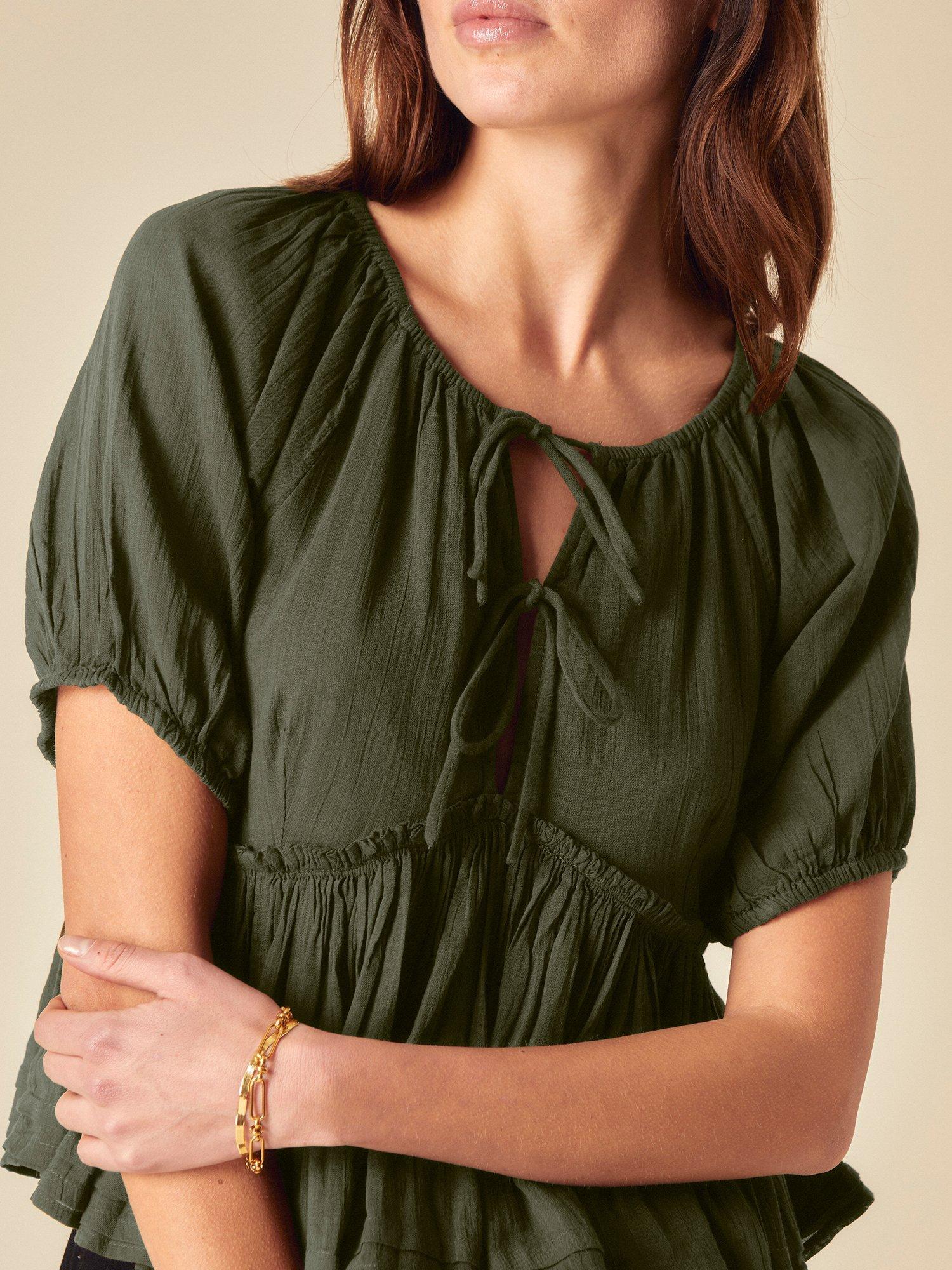 Product image 4 of 5, which shows Nobody's Child Martha Short Sleeve Tie Neck Cotton Top, Khaki, 6