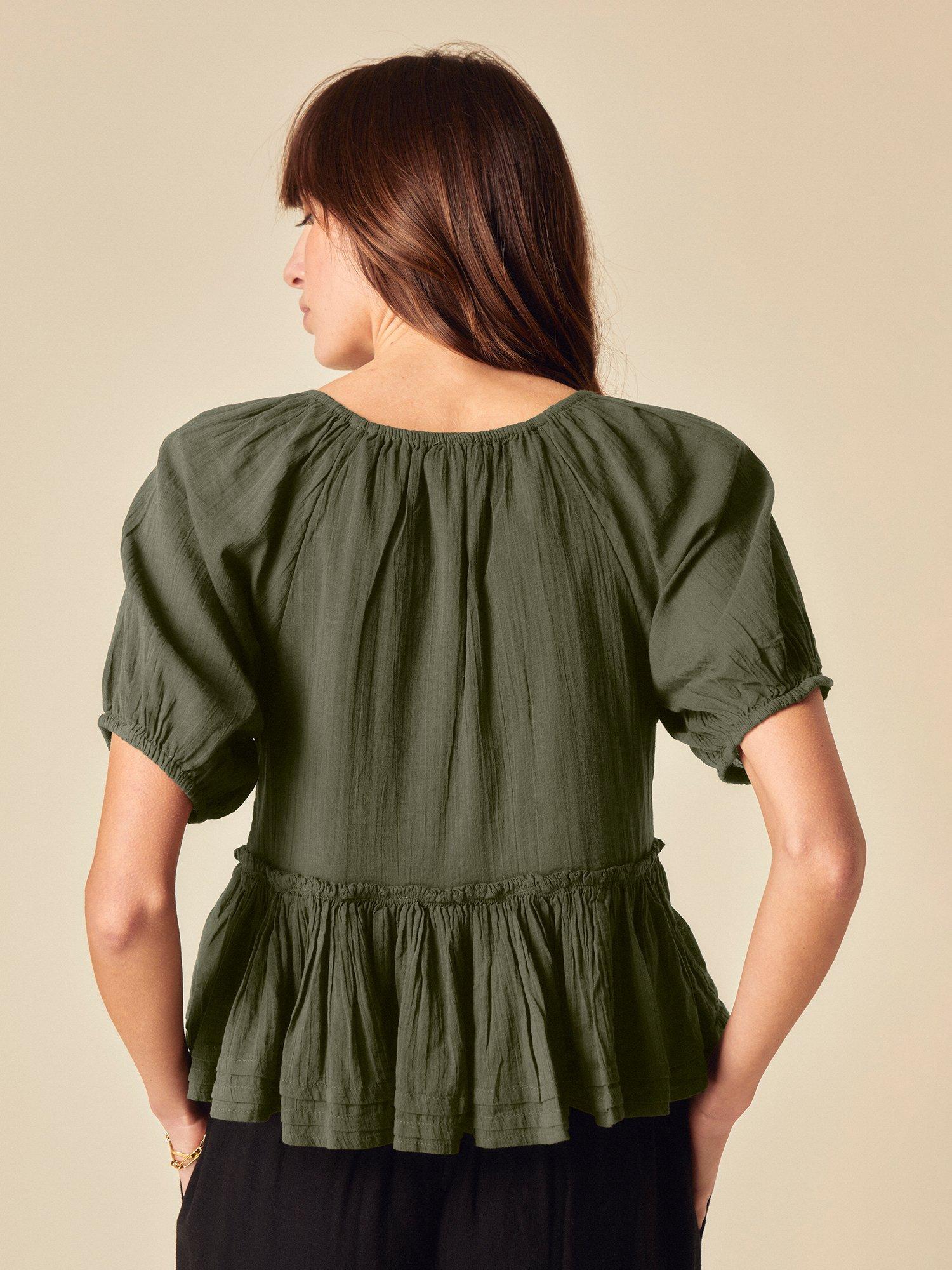 Product image 5 of 5, which shows Nobody's Child Martha Short Sleeve Tie Neck Cotton Top, Khaki, 6