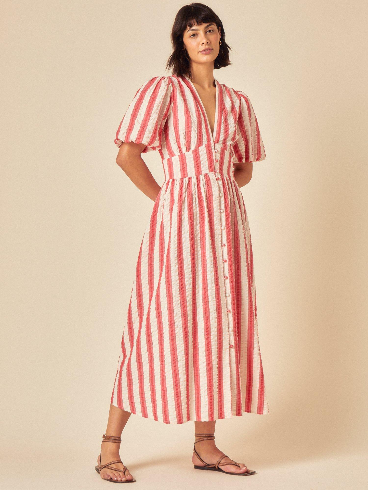 Product image 1 of 4, which shows Nobody's Child Starlight Stripe Pure Organic Cotton Midi Dress, Red Stripe, 6