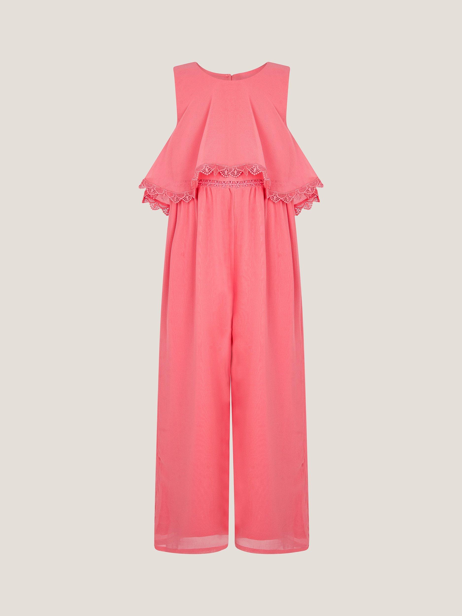 Product image 1 of 3, which shows Monsoon Kids' Leia Lace Trim Tier Playsuit, Coral, 3 years