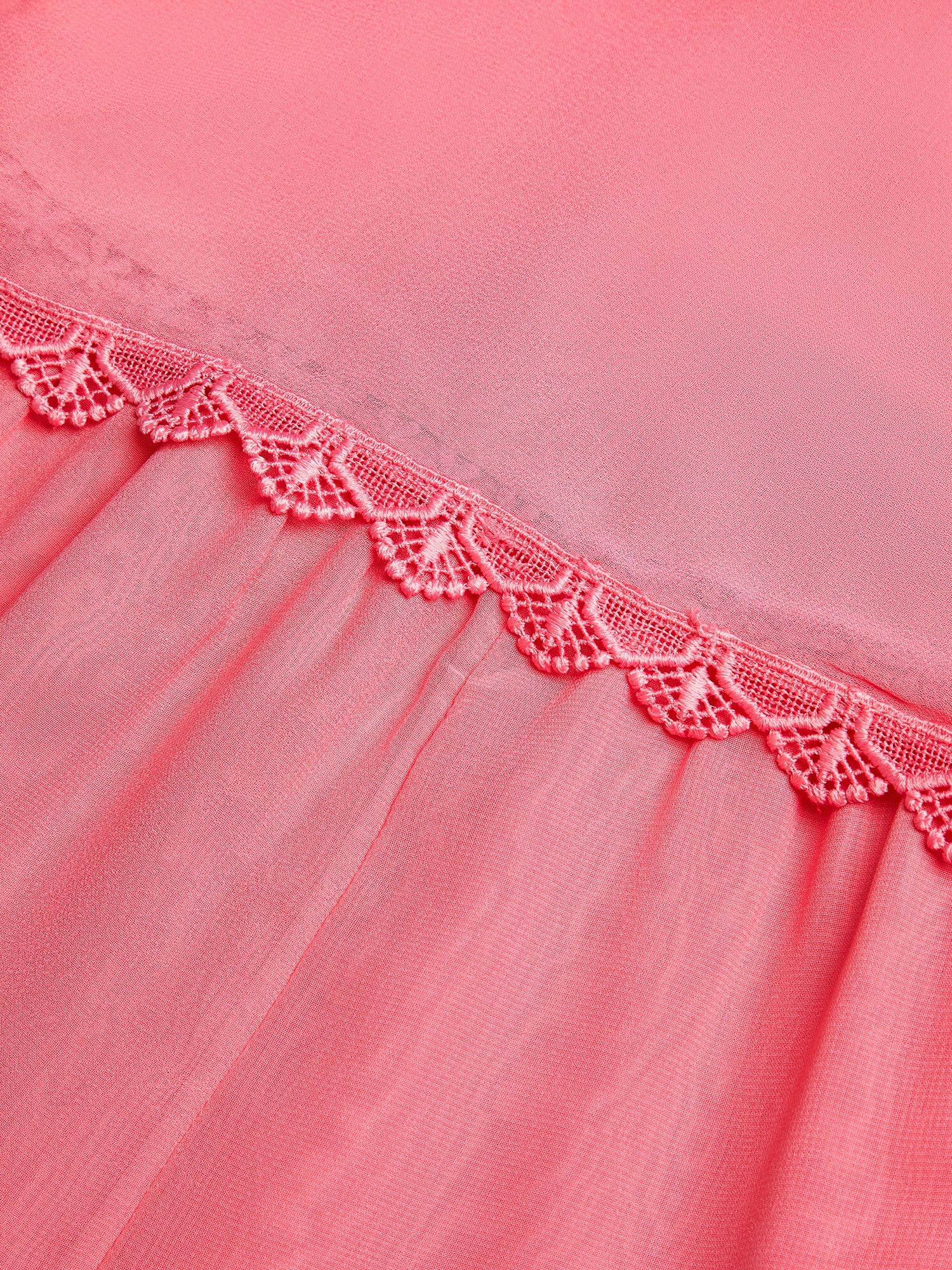 Product image 3 of 3, which shows Monsoon Kids' Leia Lace Trim Tier Playsuit, Coral, 3 years