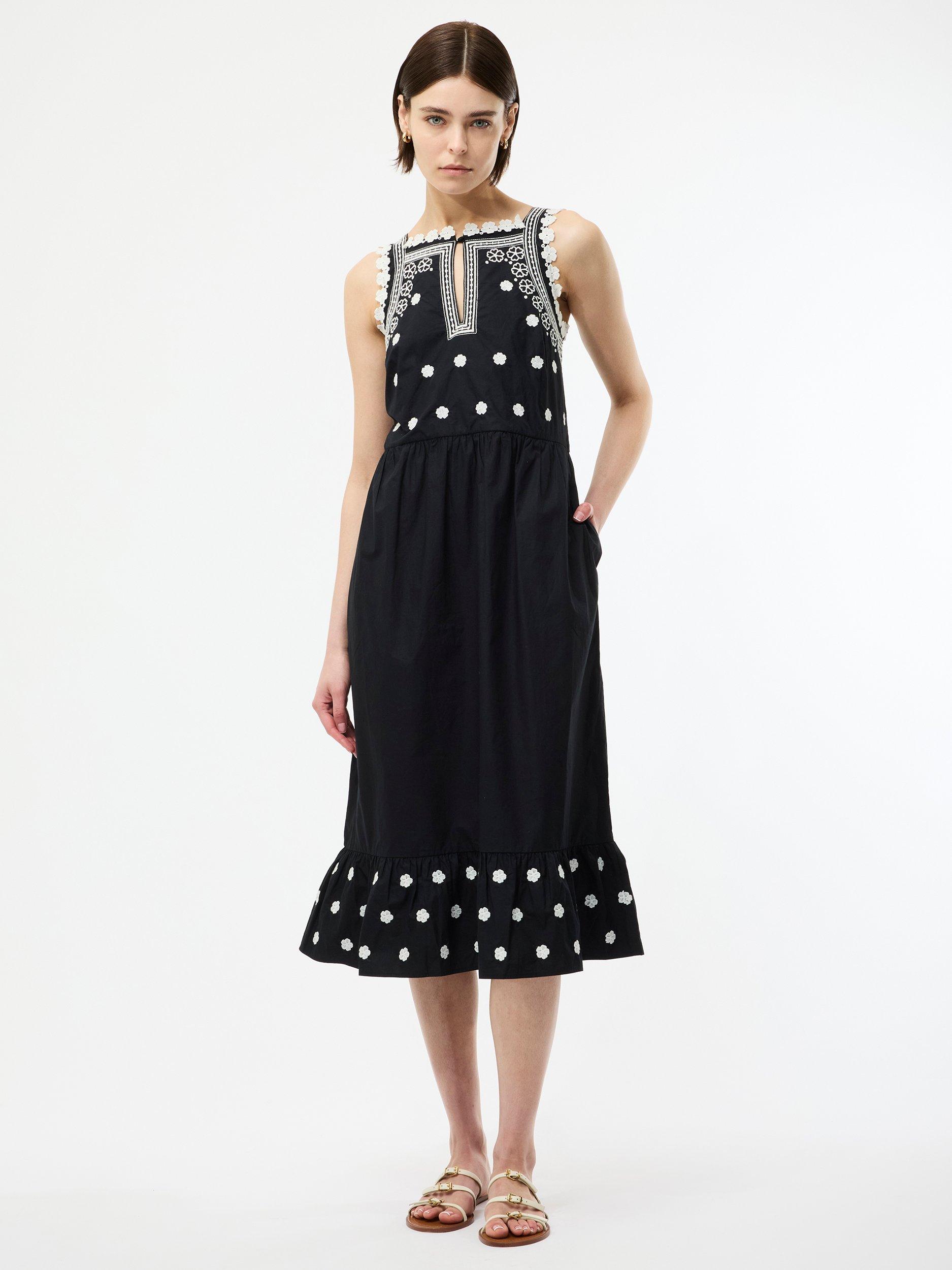 Product image 1 of 5, which shows French Connection  Devin Poplin Embroidered Midi Dress, Black, 6