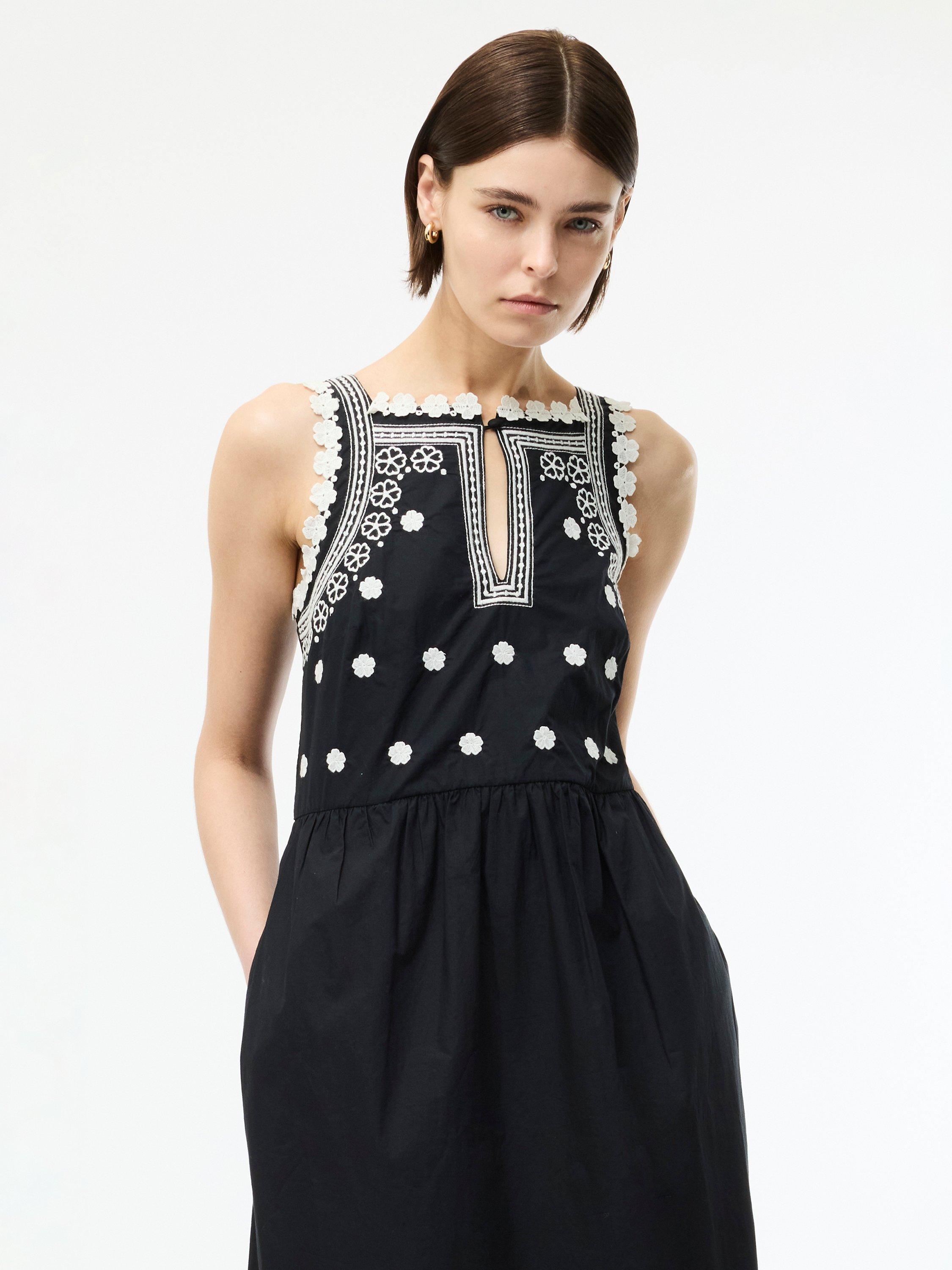 Product image 2 of 5, which shows French Connection  Devin Poplin Embroidered Midi Dress, Black, 6