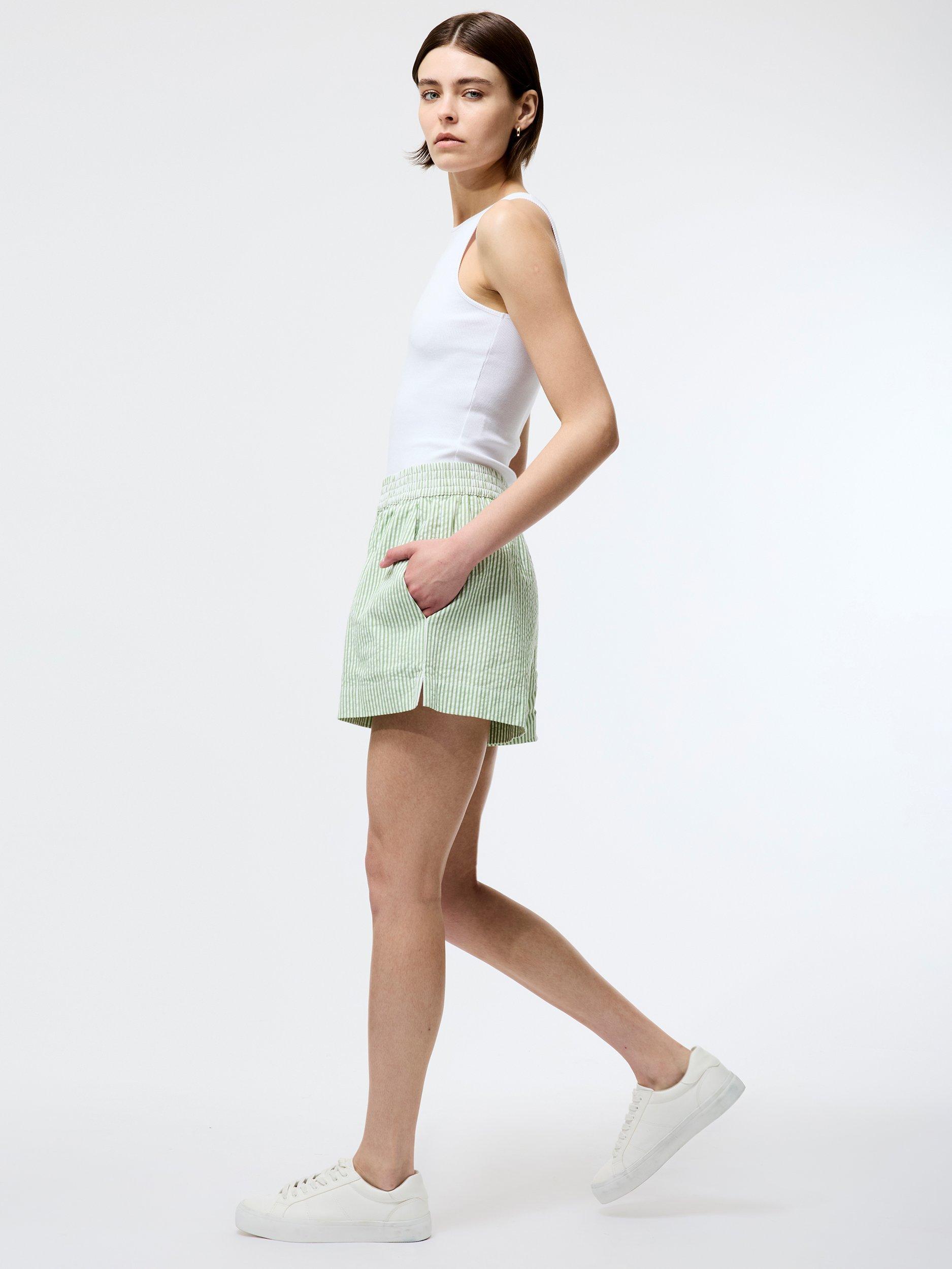 Product image 3 of 5, which shows French Connection Stripe Seersucker Cotton Shorts, Green/White, S