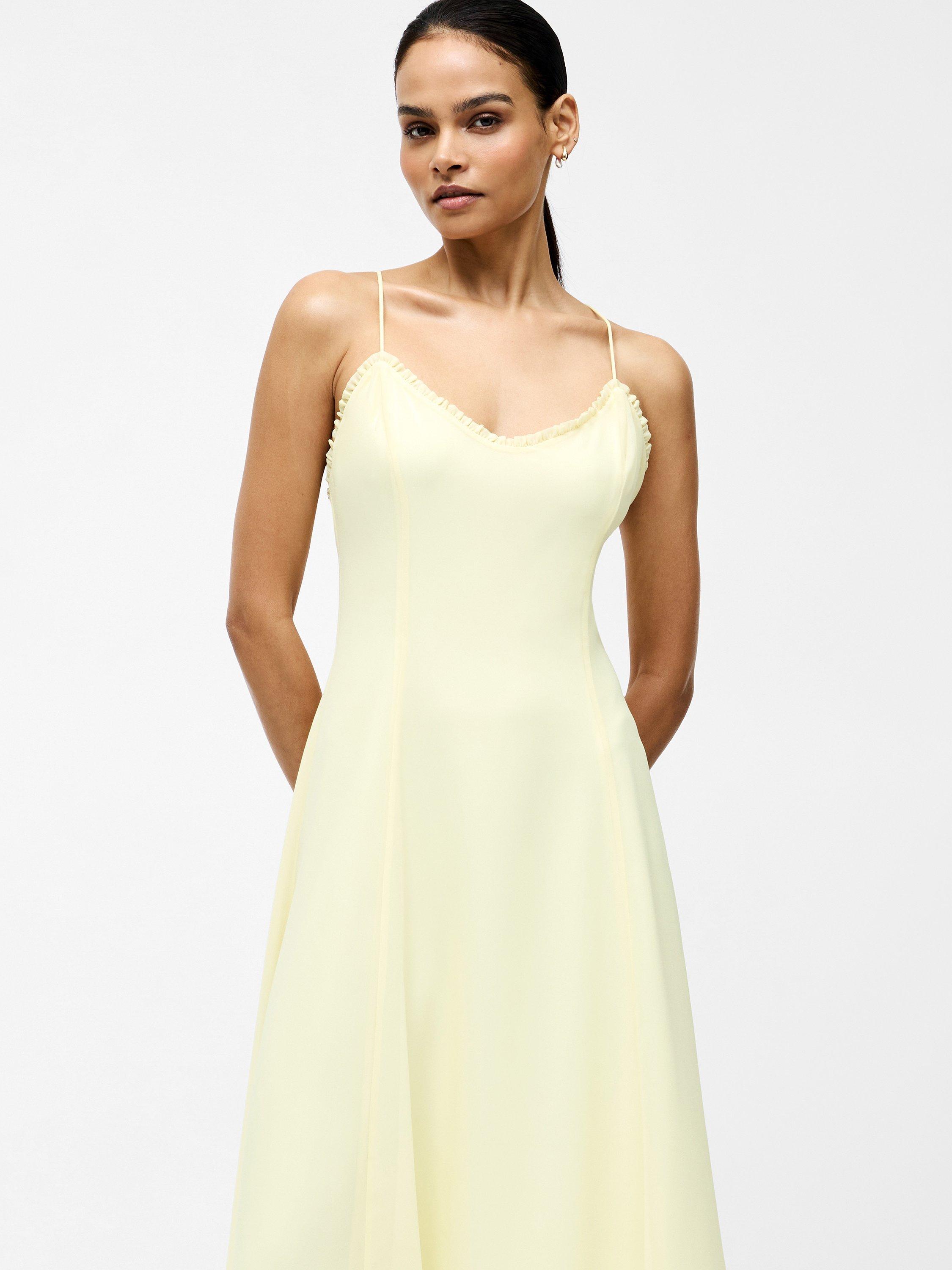 Product image 2 of 5, which shows French Connection Raya Chiffon Ruffle Neck Midi Dress, Cornsilk Yellow, 6