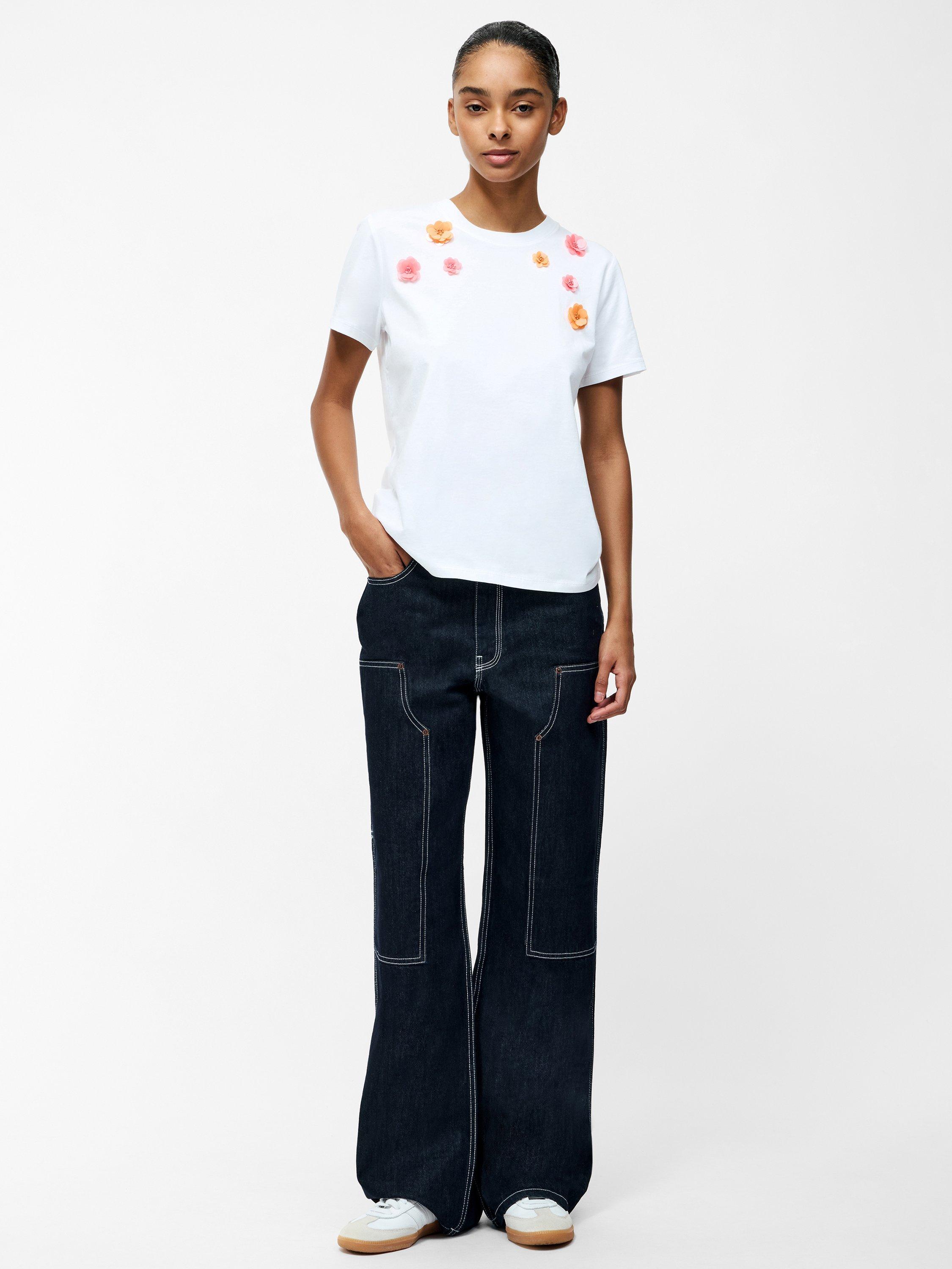 Product image 1 of 5, which shows French Connection 3D Floral Motif Short Sleeve T-Shirt, Linen White, XS