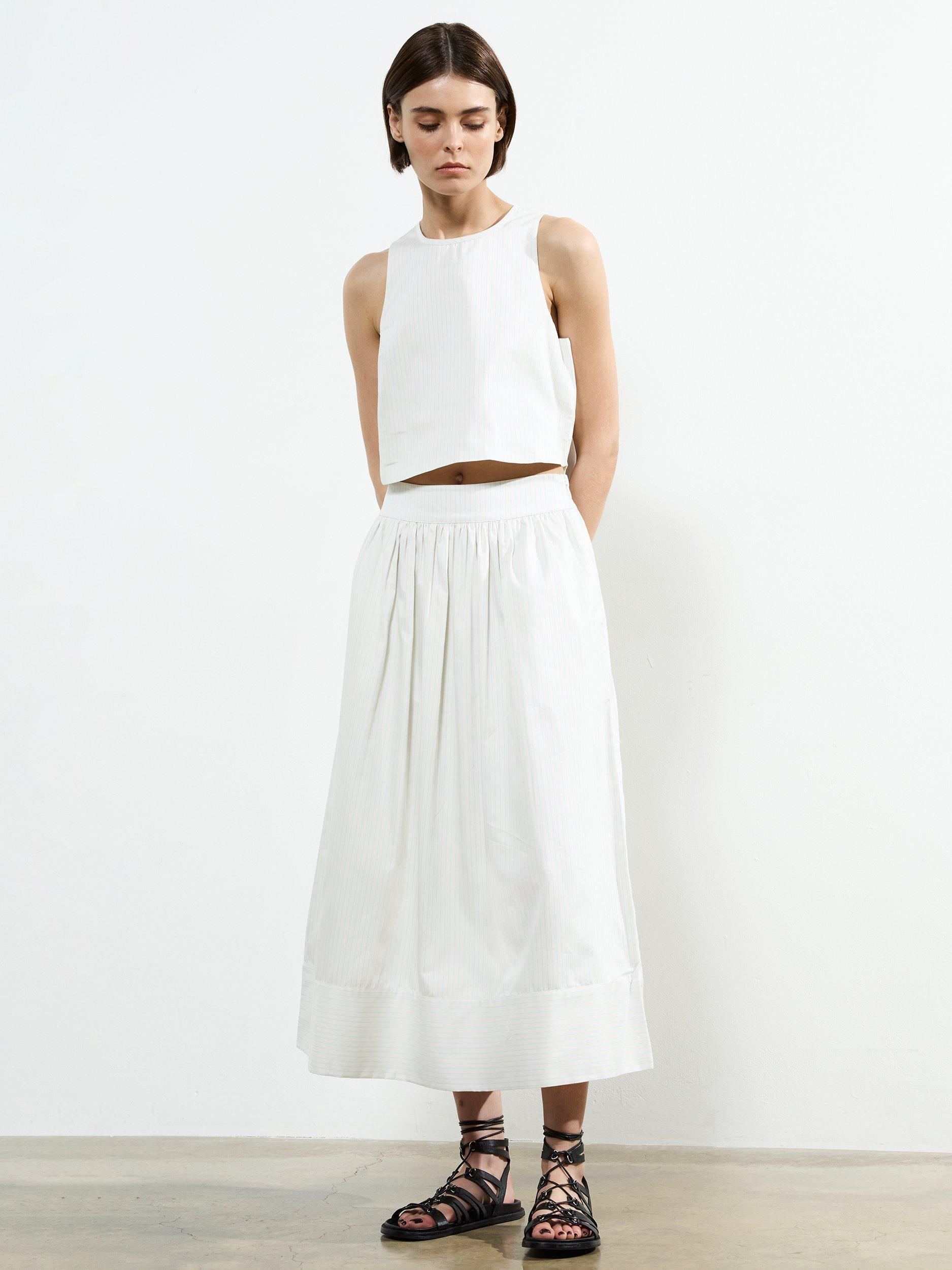 Product image 1 of 4, which shows French Connection Pinstripe Poplin Pure Cotton Skirt, Cream/Blue, M