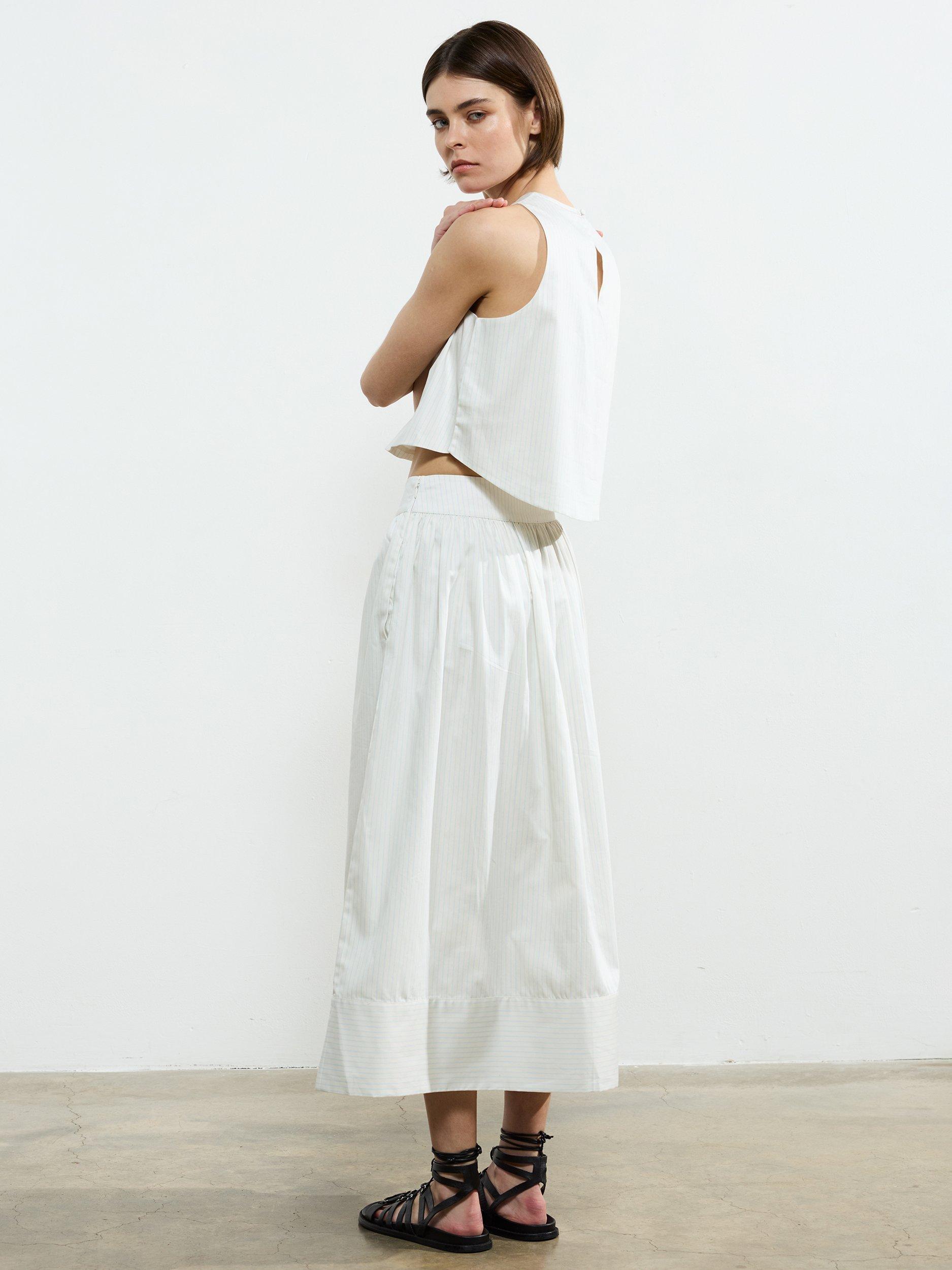 Product image 2 of 4, which shows French Connection Pinstripe Poplin Pure Cotton Skirt, Cream/Blue, M